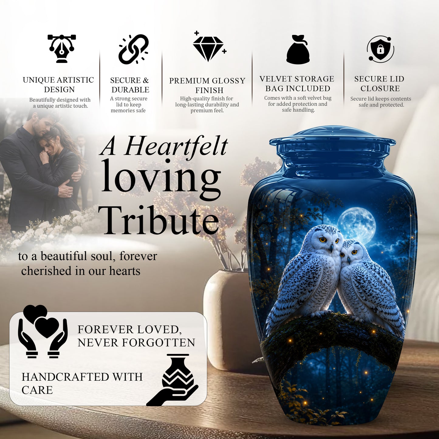 Snowy Owls Cremation Urn - Moonlight Owl Funeral Urns For Human Ashes