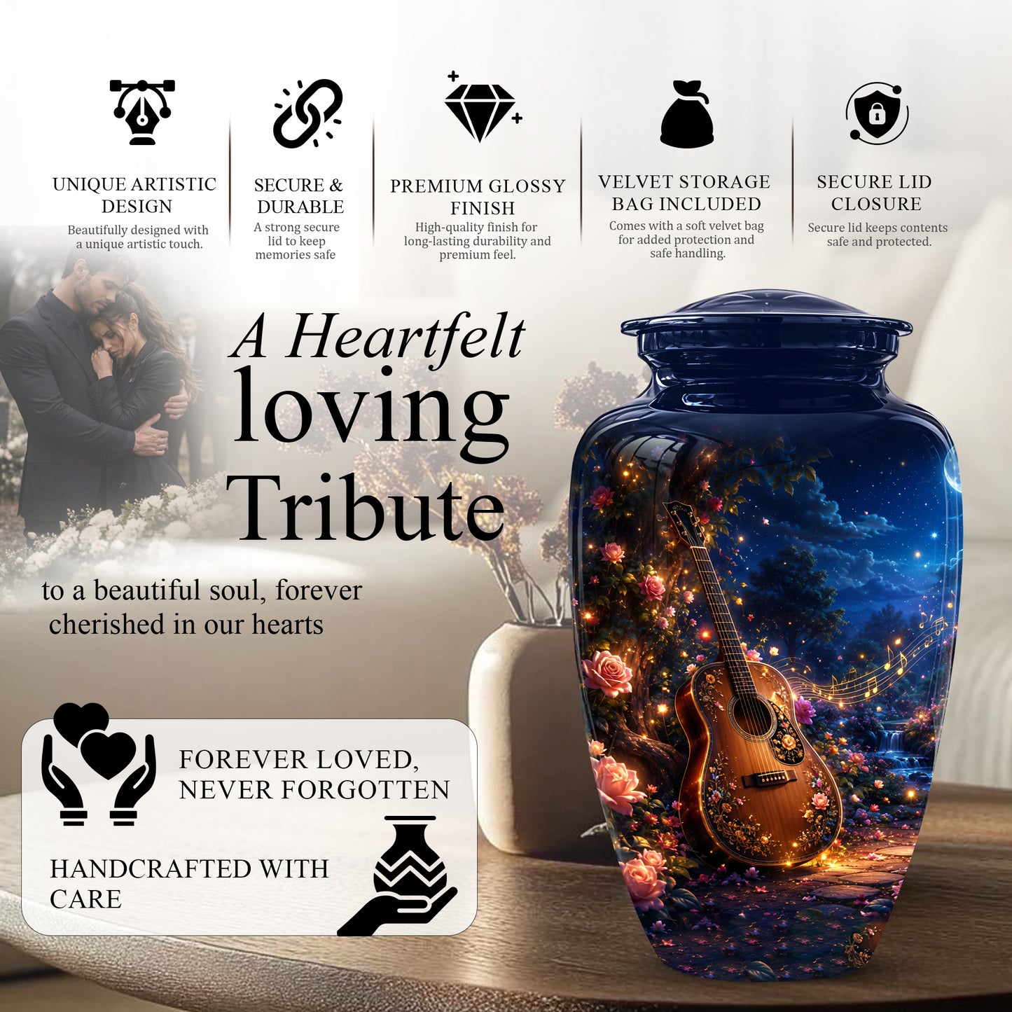 Acoustic Guitar & Starry Night Urn - Custom Funeral Urns For Musicians