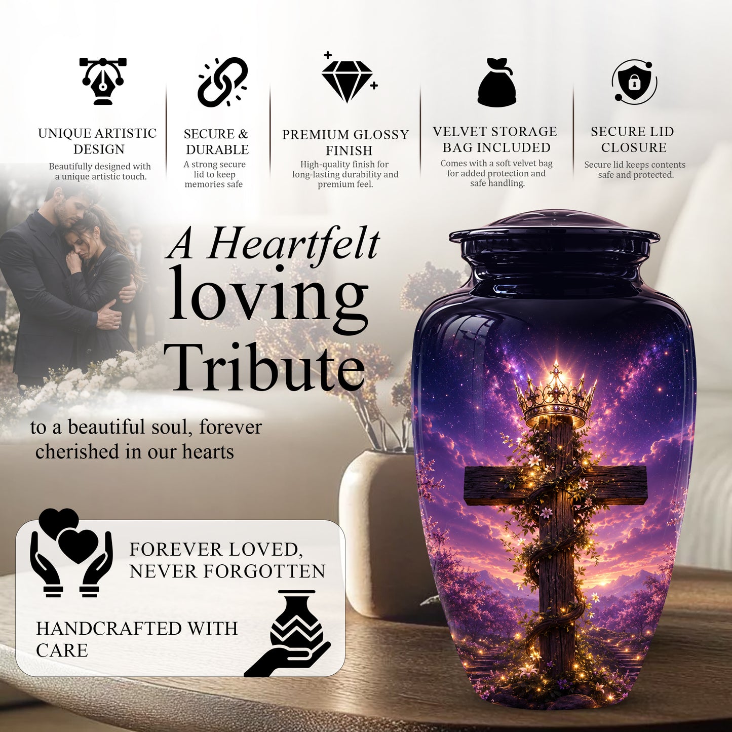 Cross With Crown Cremation Urn for Ashes – Spiritual Memorial Urns