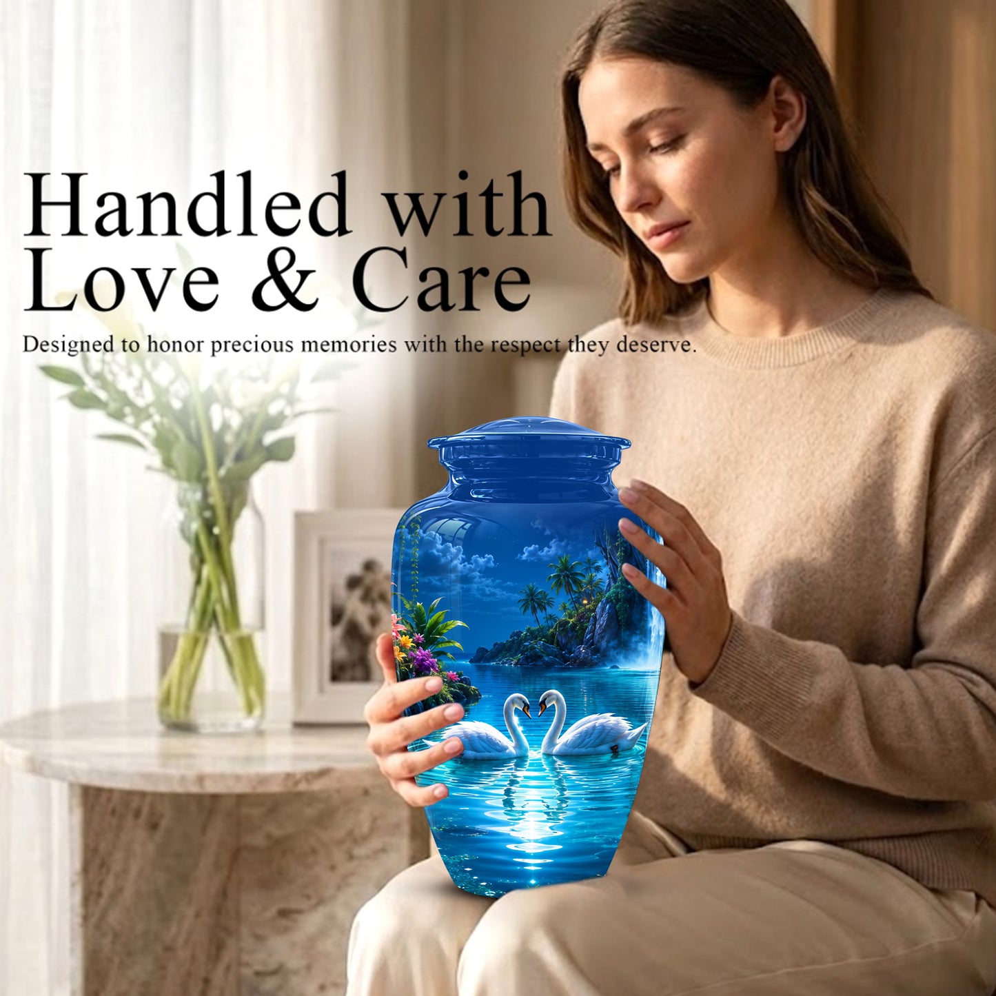 White Couple Swan Urn - Beautiful Memorial Keep Urns For Loved Ones