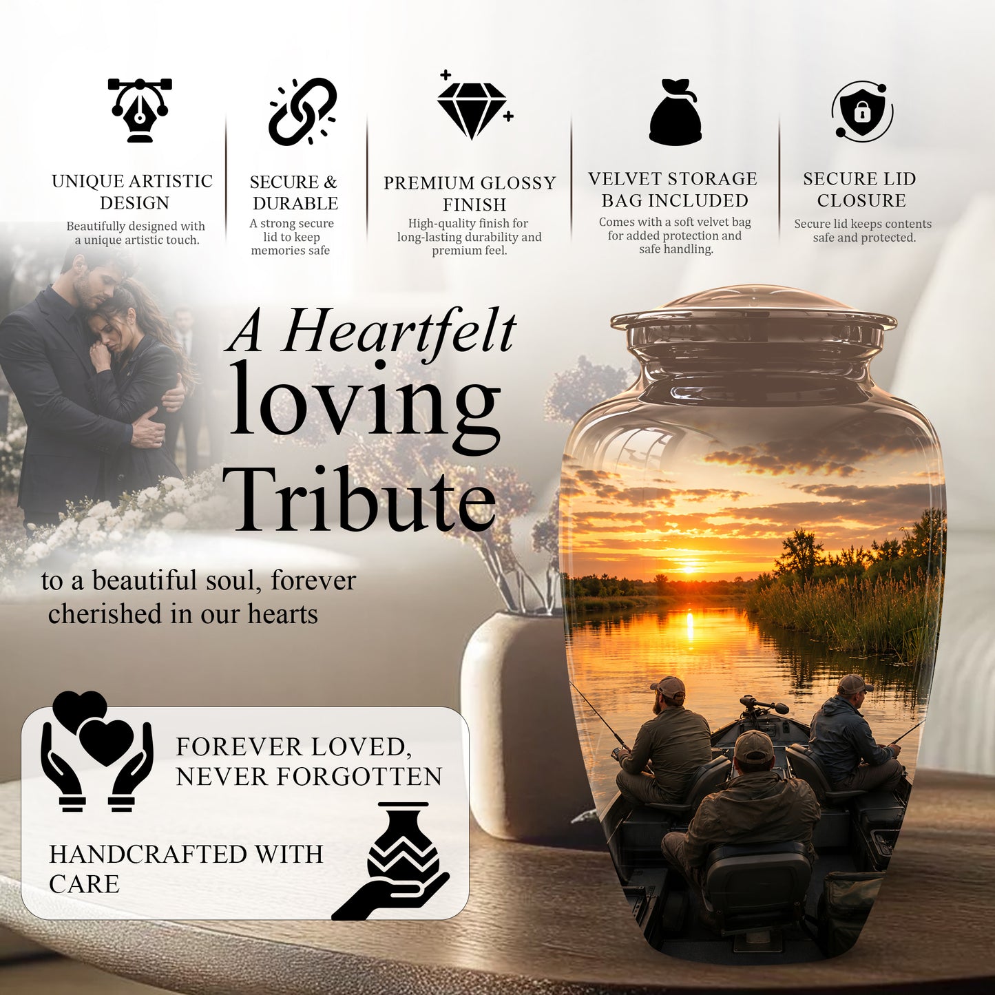 Fisherman Sunset Cremation Urn - Personalized Burial Urns For Ashes