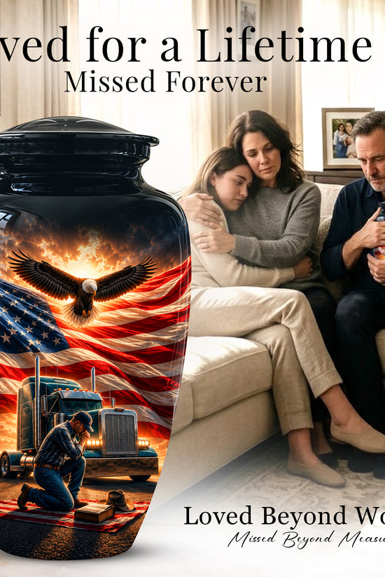 Personalized Patriotic Truck Driver Funeral Urn with American Flag Design