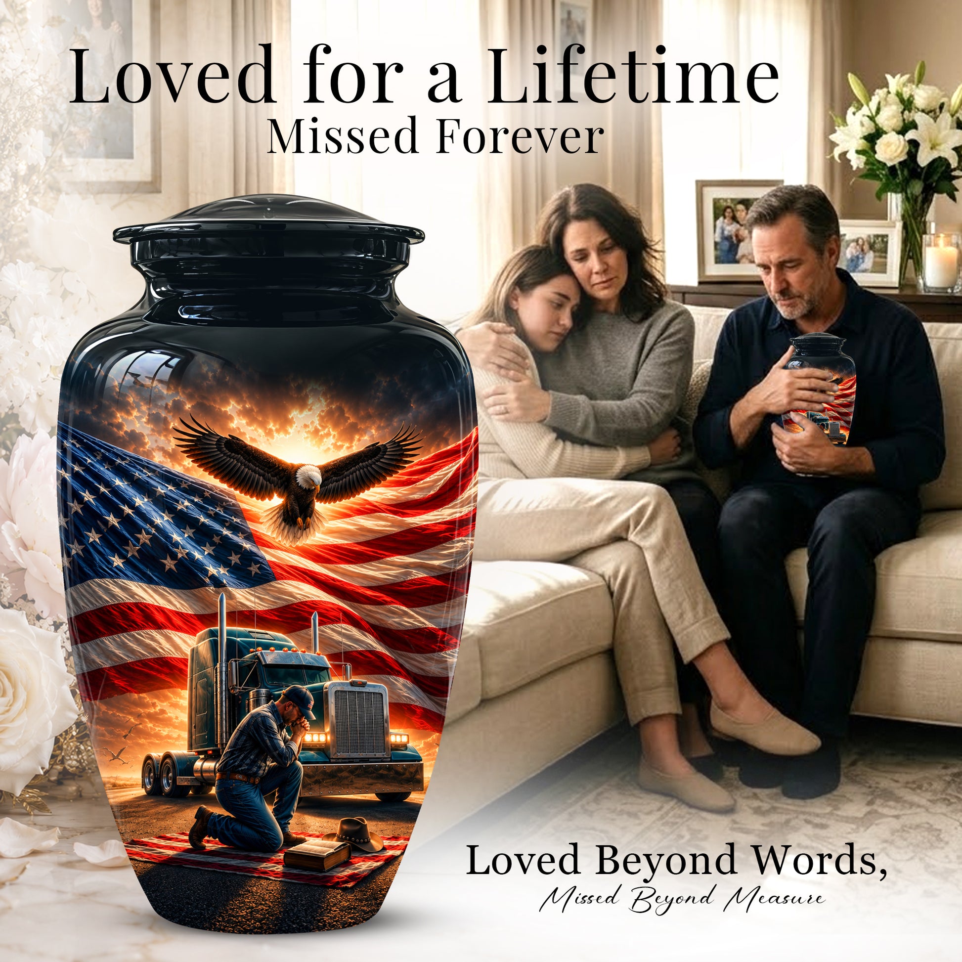 Personalized Patriotic Truck Driver Funeral Urn with American Flag Design