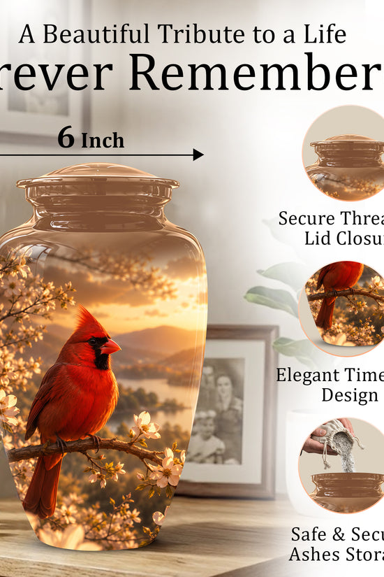 Red Cardinal Bird - Beautiful Sunset Scenic Burial Urns For  Ashes
