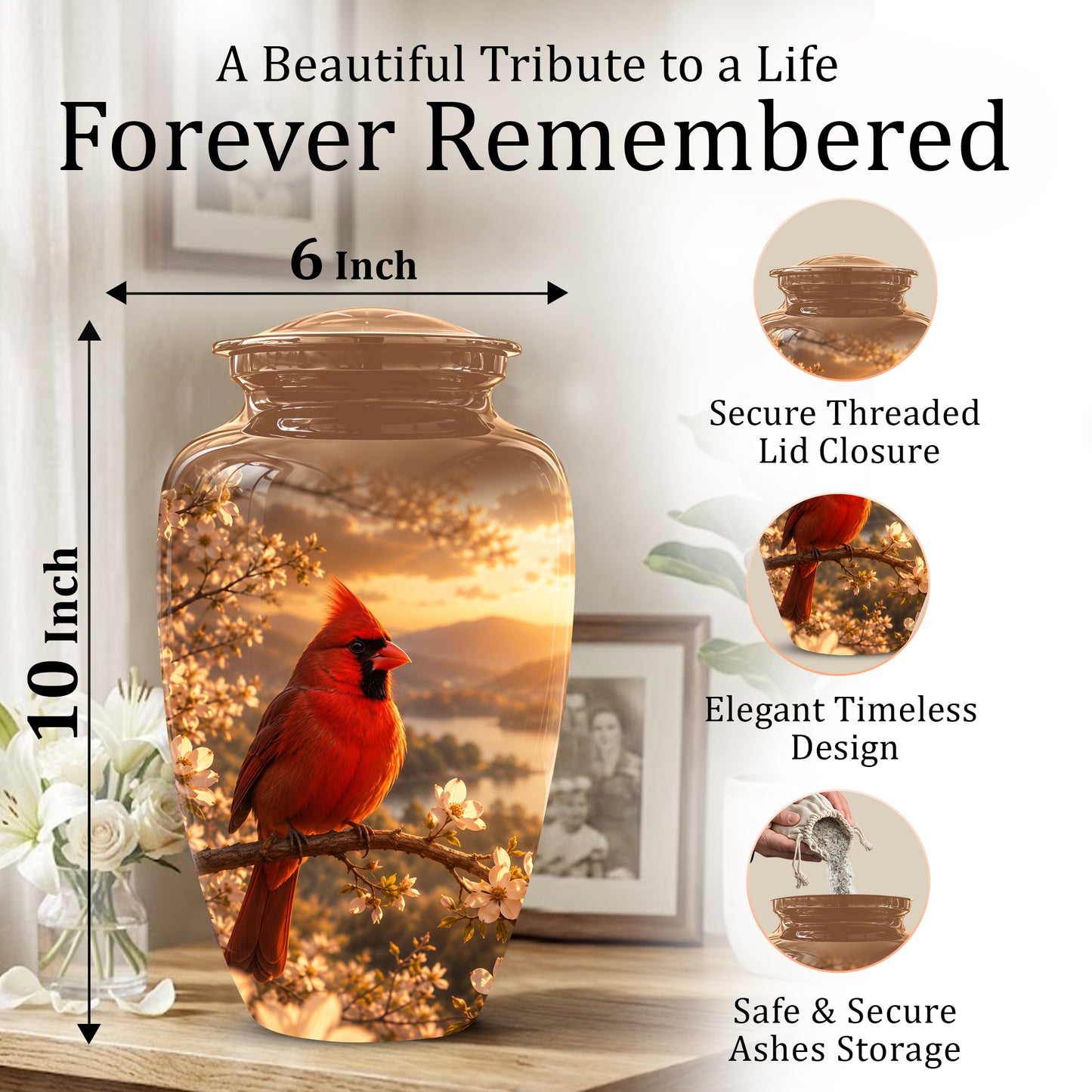 Red Cardinal Bird - Beautiful Sunset Scenic Burial Urns For  Ashes