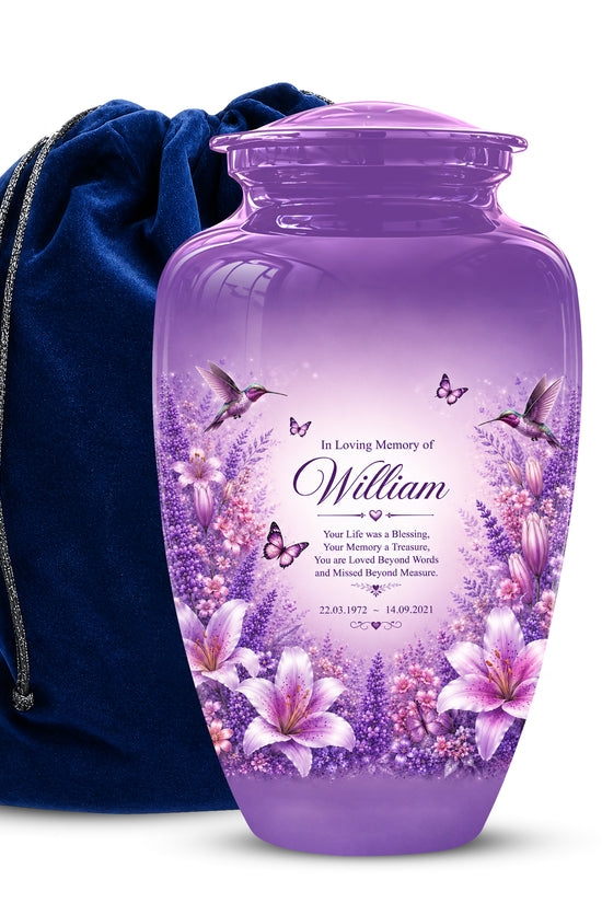 Lavender Hummingbird Urn – Purple Floral Urn for Human Ashes