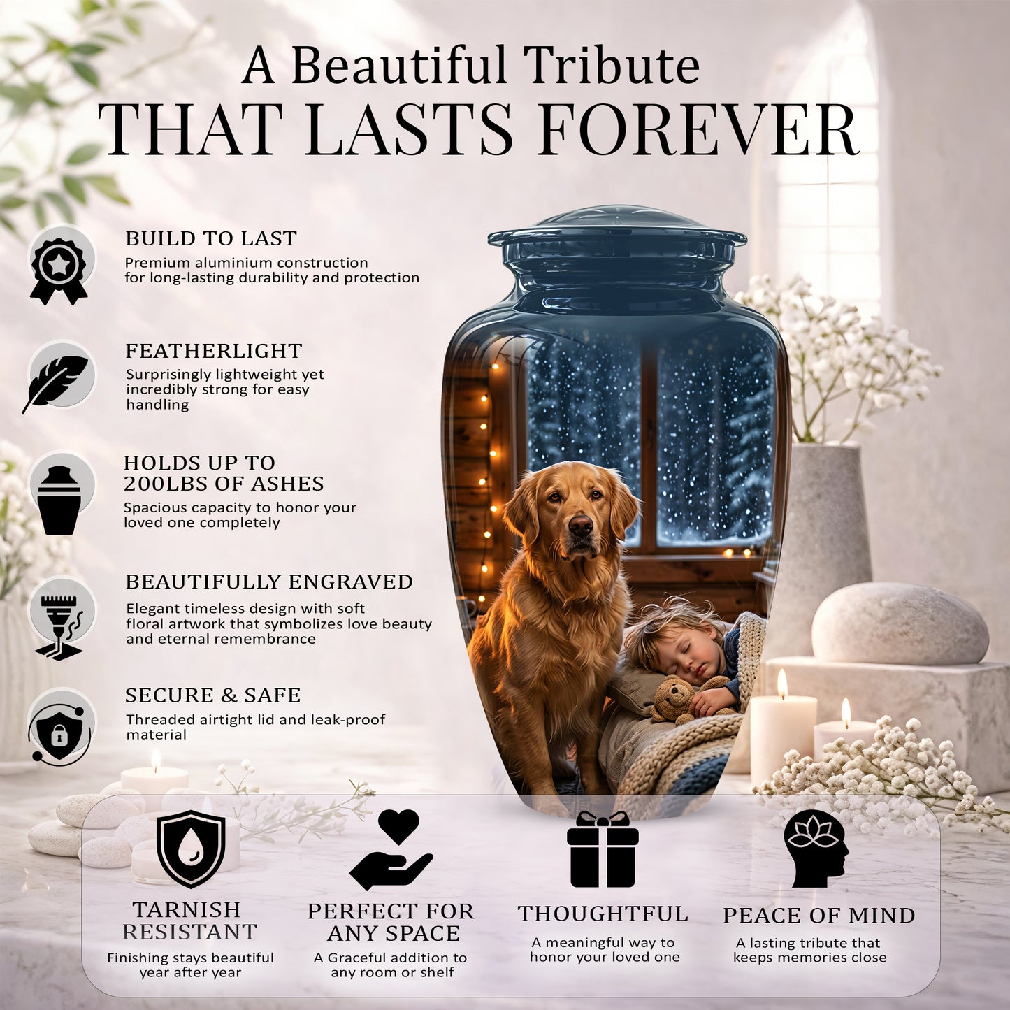 Golden Retriever Dog With Child - Beautiful Custom Pet Urns For Ashes