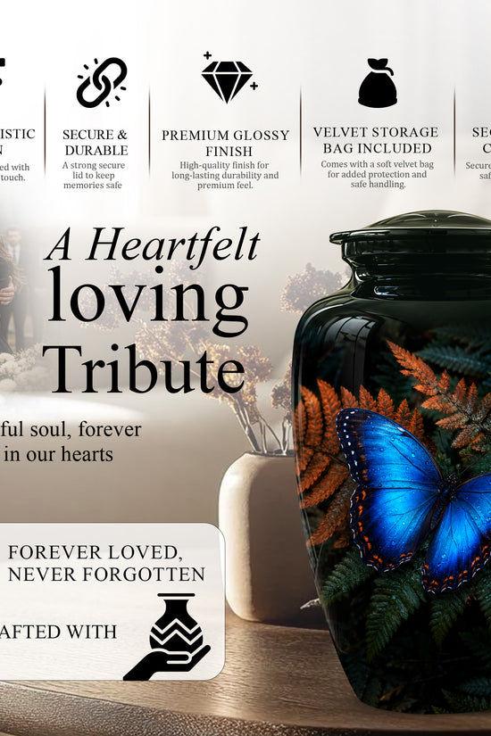 Blue Butterfly Cremation Urns - Black Memorial Urns For Women Ashes