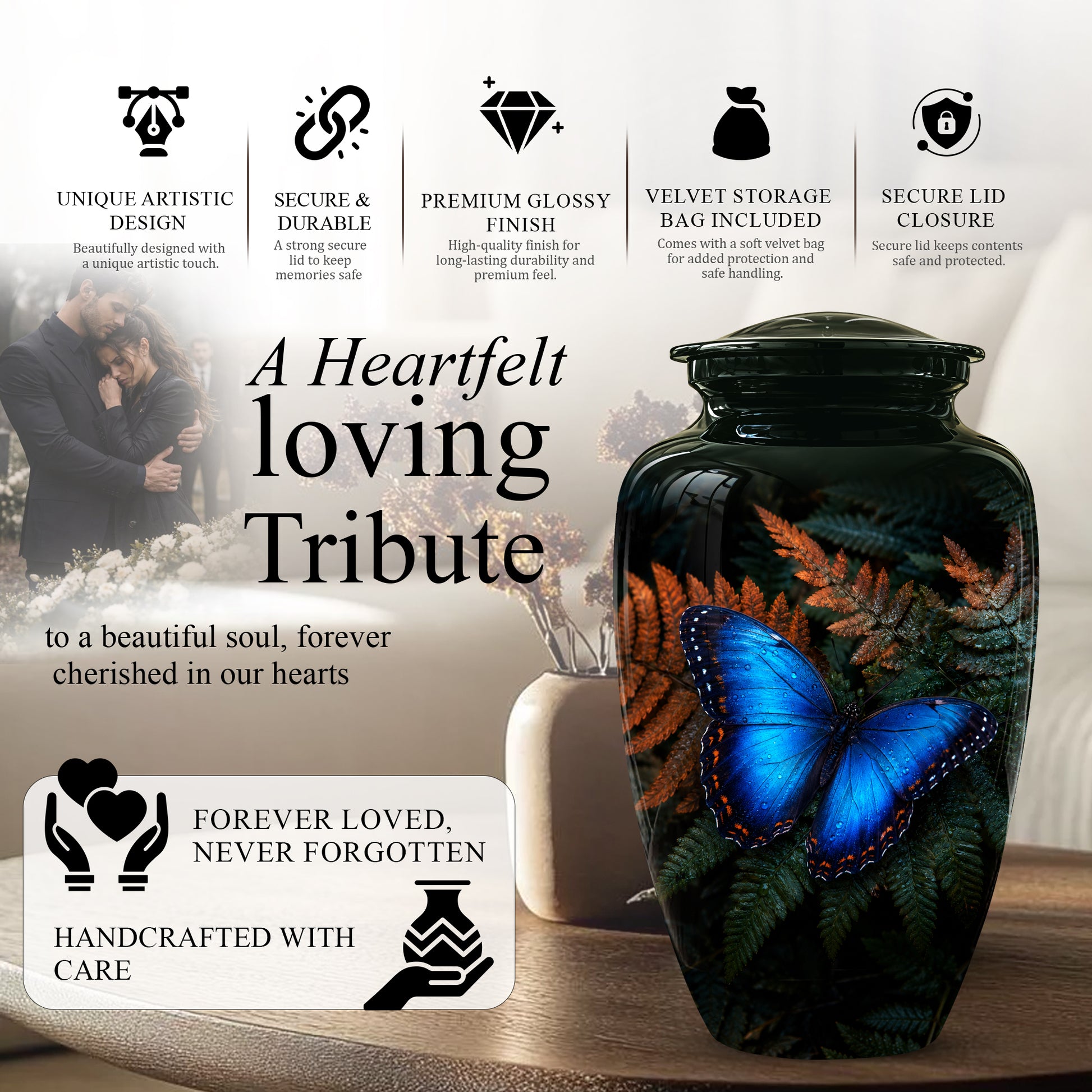 Blue Butterfly Cremation Urns - Black Memorial Urns For Women Ashes