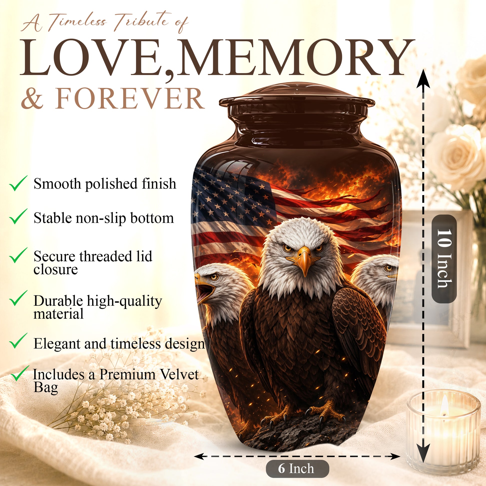 Bald Eagle & American Flag Funeral Urn - Patriotic Veteran Memorial Urn