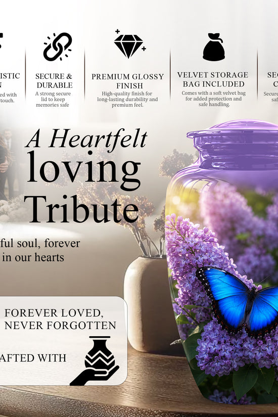 Blue Butterfly Cremation Urn - Purple Color Memorial Urns For Human Ashes