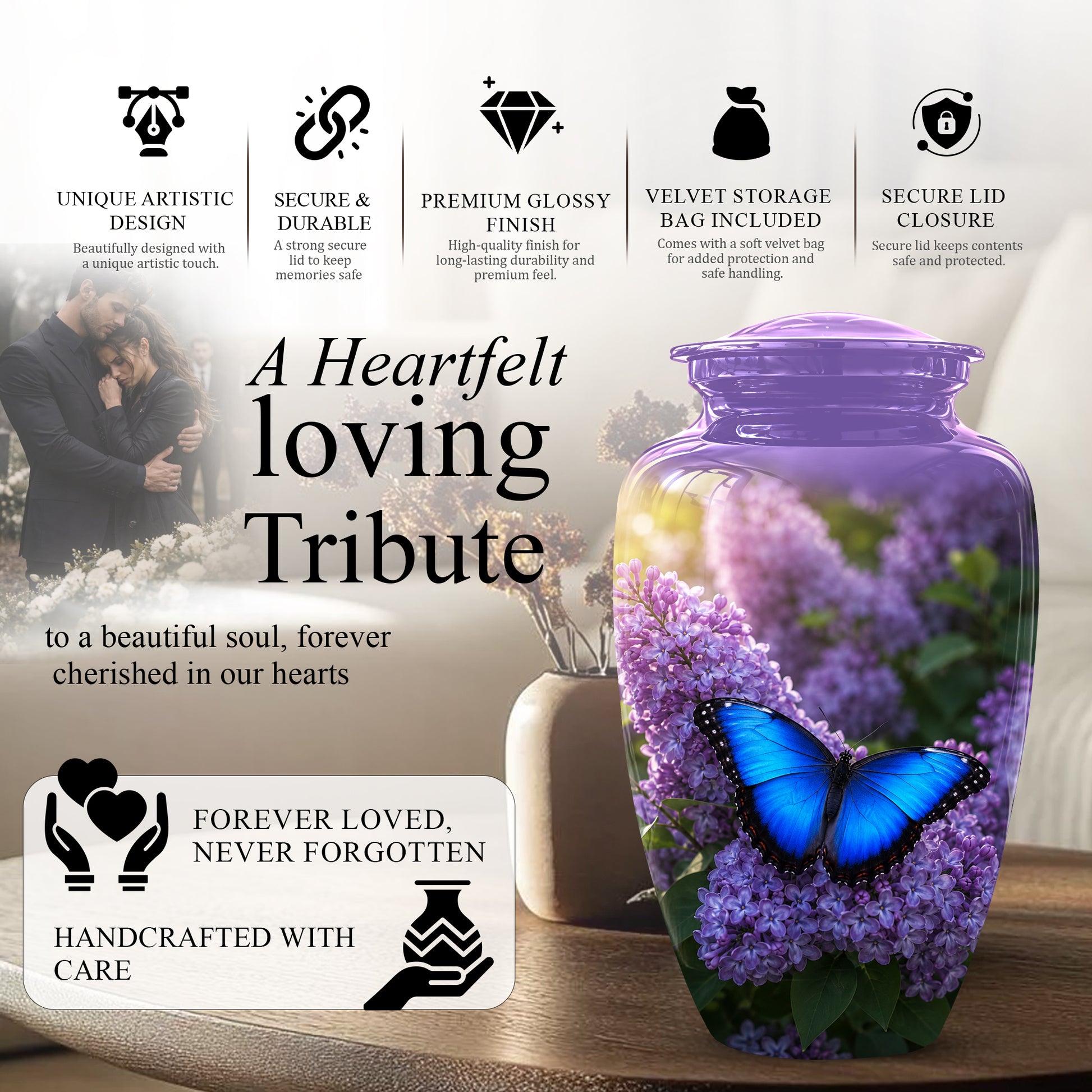 Blue Butterfly Cremation Urn - Purple Color Memorial Urns For Human Ashes