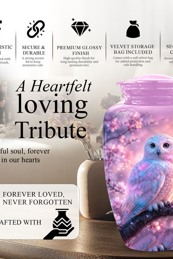 White Owl Cremation Urn - Beautiful Pink Memorial Urns For Human Ashes