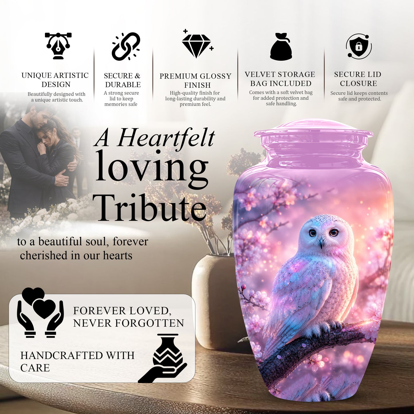 White Owl Cremation Urn - Beautiful Pink Memorial Urns For Human Ashes
