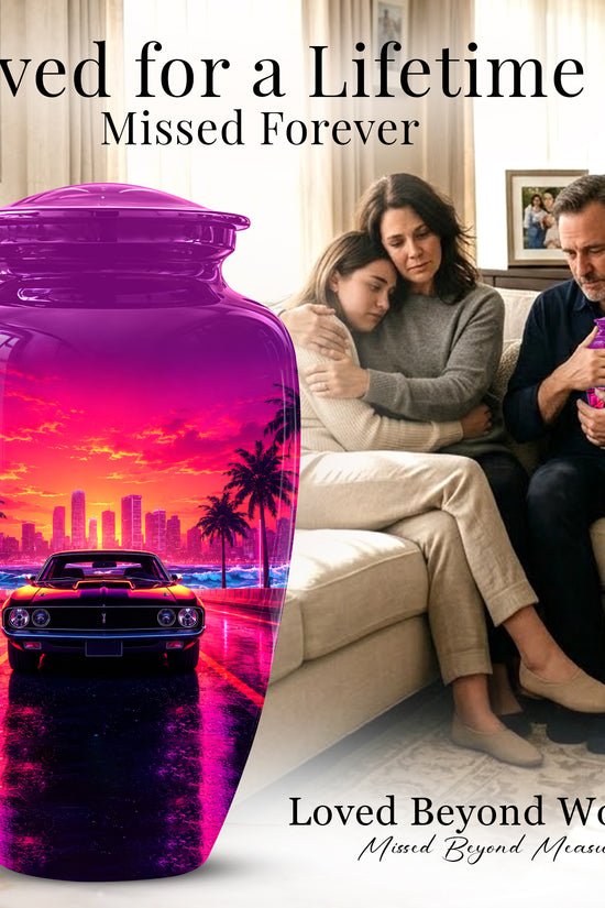 Neon Sunset Cityscape Sports Car Urn - Artistic Cremation Urn On Sale