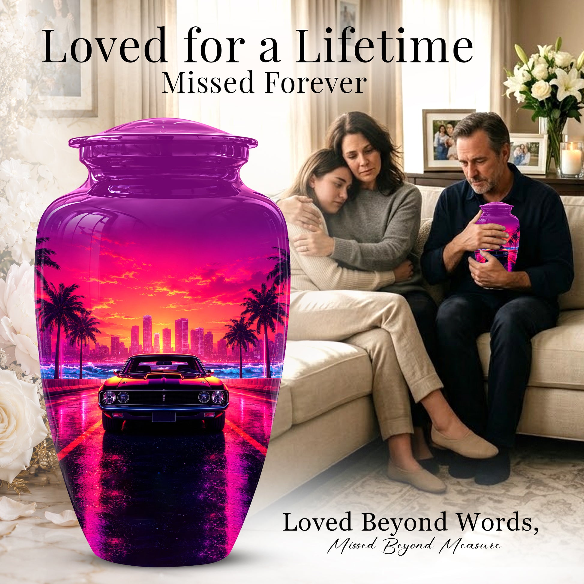 Neon Sunset Cityscape Sports Car Urn - Artistic Cremation Urn On Sale