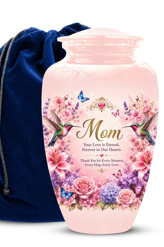 Hummingbird Floral Memorial Urn for Mother – Pink Aluminium Cremation Urn for Loved ones
