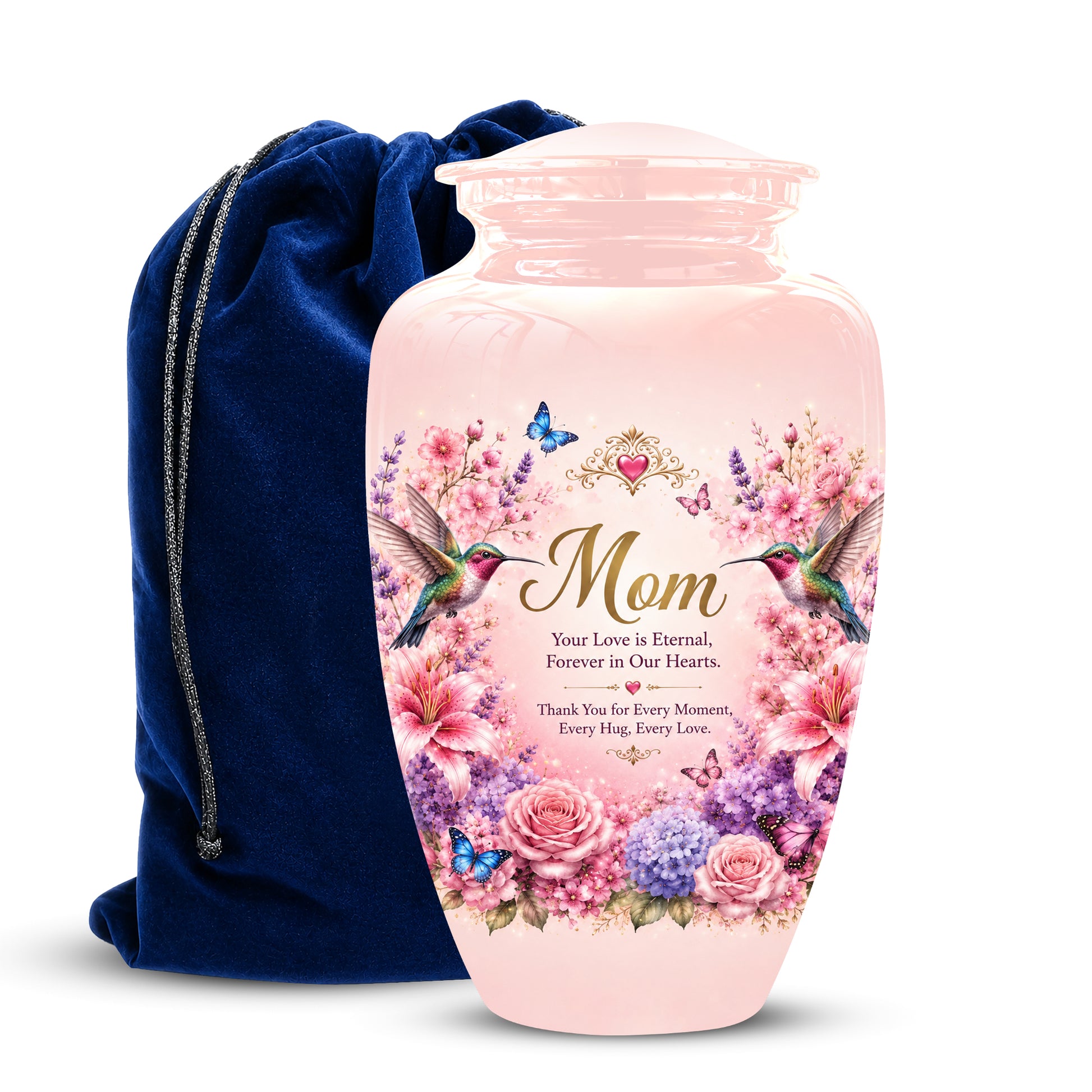 Hummingbird Floral Memorial Urn for Mother – Pink Aluminium Cremation Urn for Loved ones