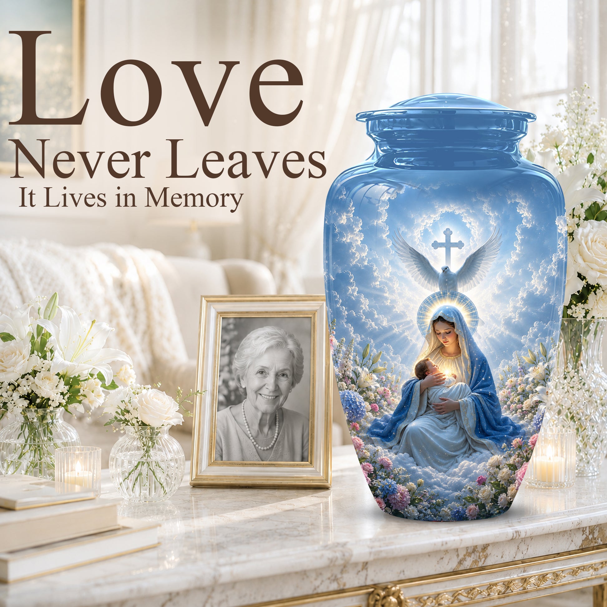 Angel Mom With Baby Jesus Urn - White Dove Funeral Urns For Mom Ashes