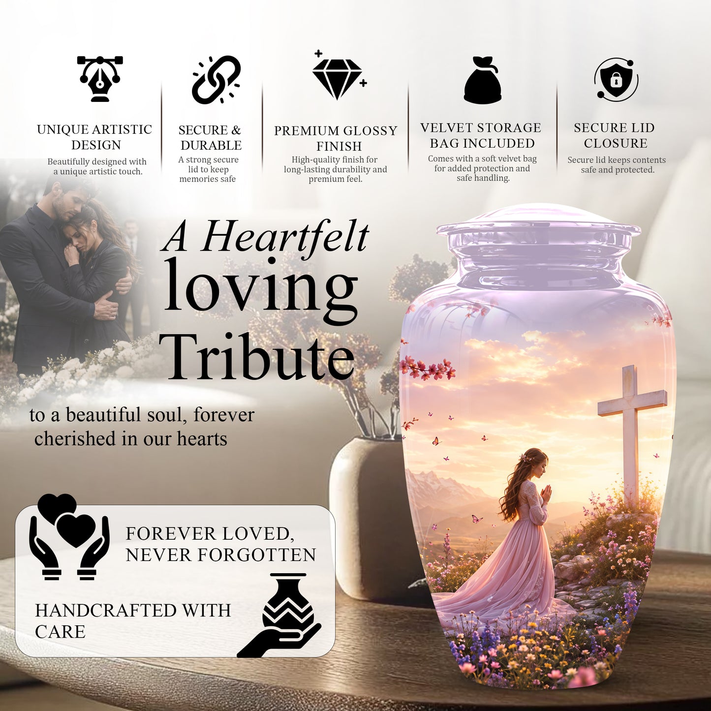 Peaceful Cross Cremation – Personalized Sunset Tribute Urns for Ashes