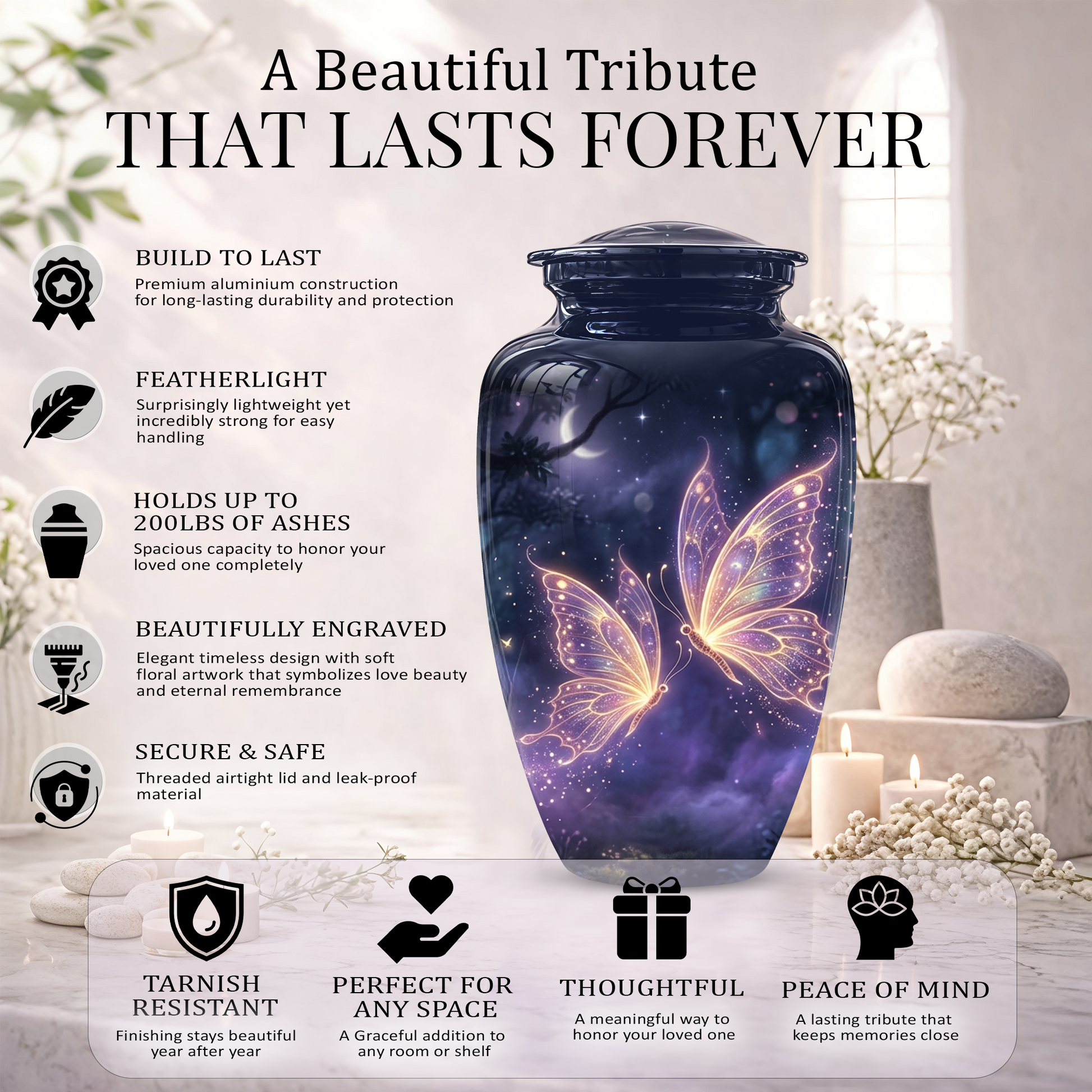 Purple Butterfly Cremation Urn - Beautiful Urns for Women Ashes