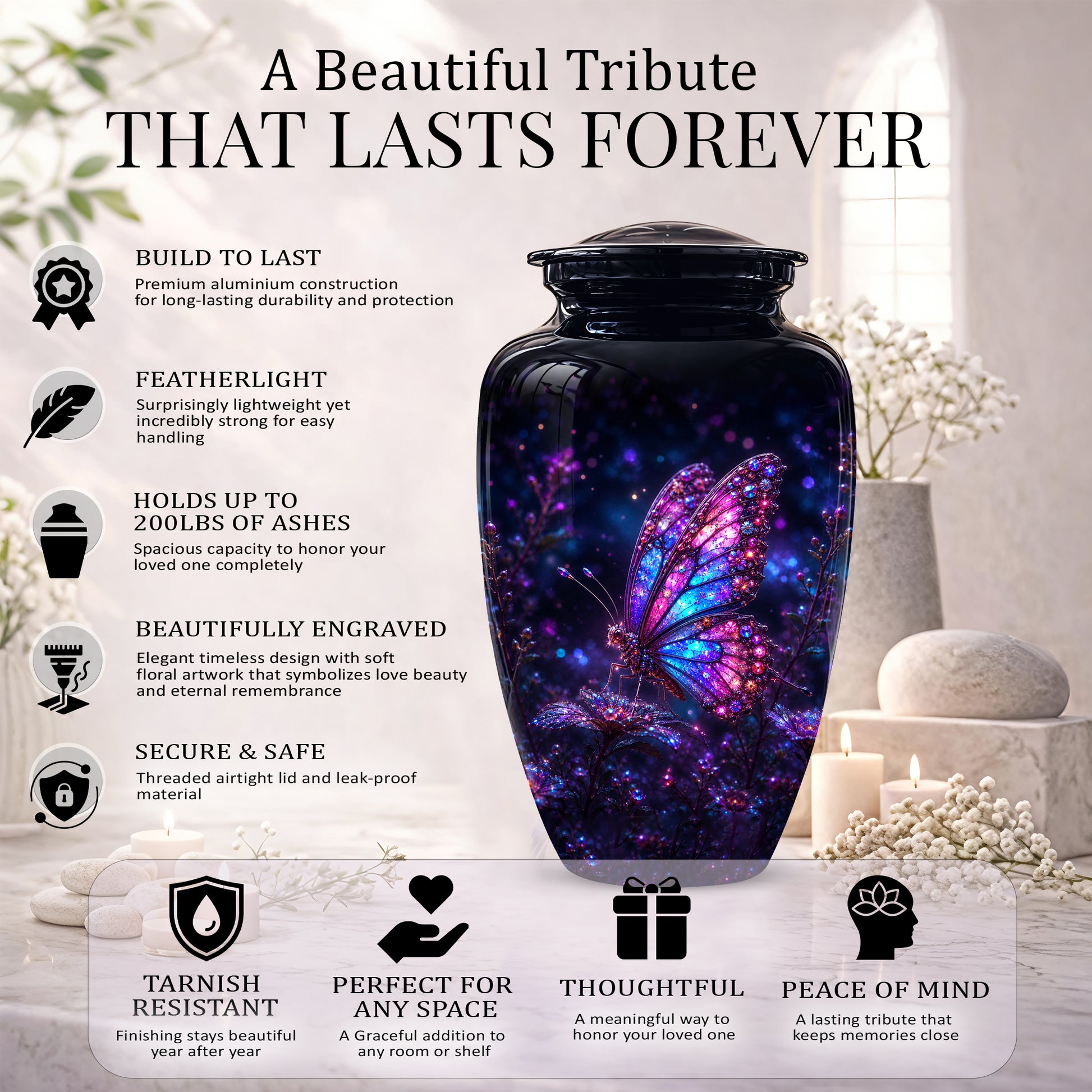 Glowing Purple Butterfly Cremation Urn - Custom Urns For Women Ashes