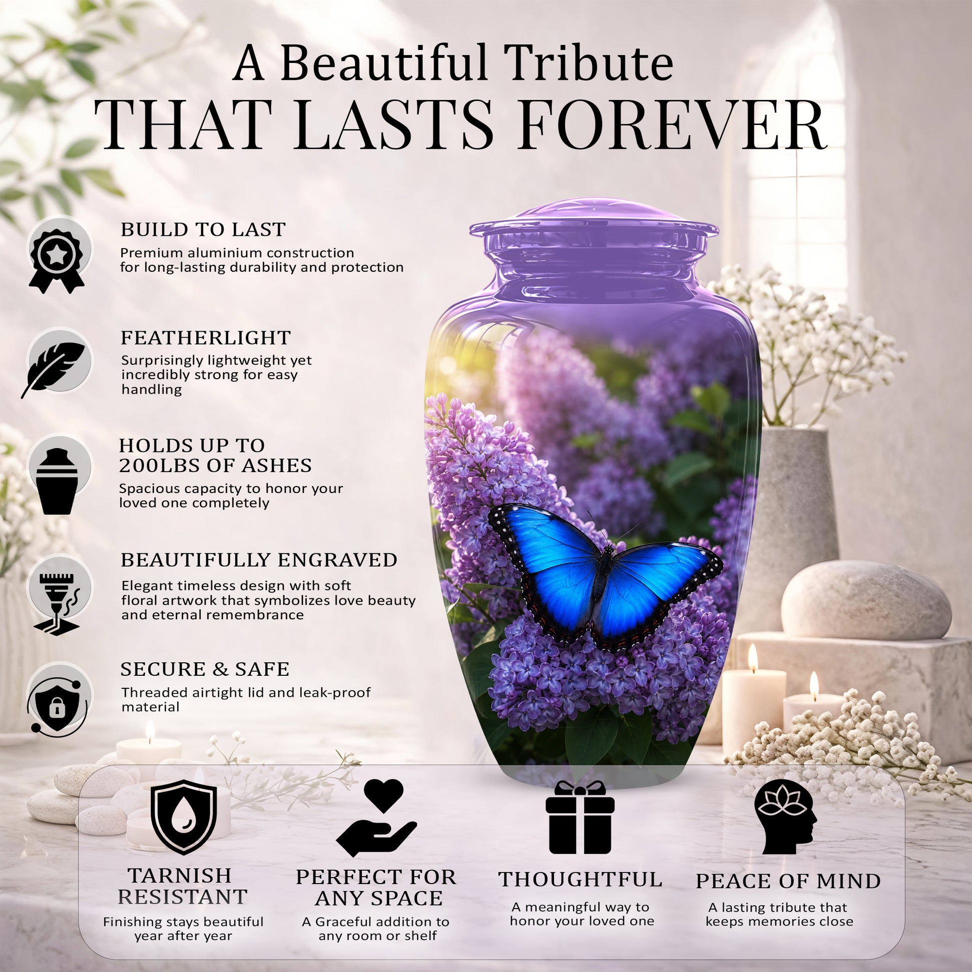 Blue Butterfly Cremation Urn - Purple Color Memorial Urns For Human Ashes