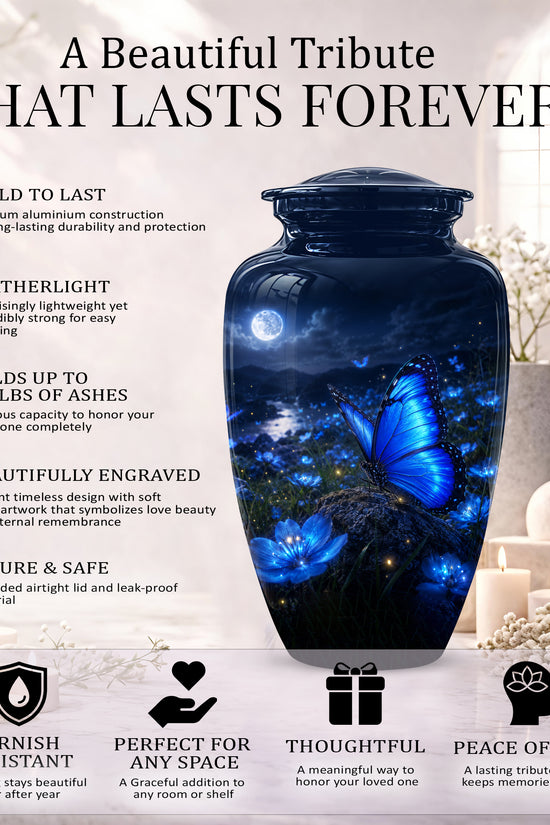 Personalized Blue Butterfly Cremation Urn - Handcrafted Urns For Women