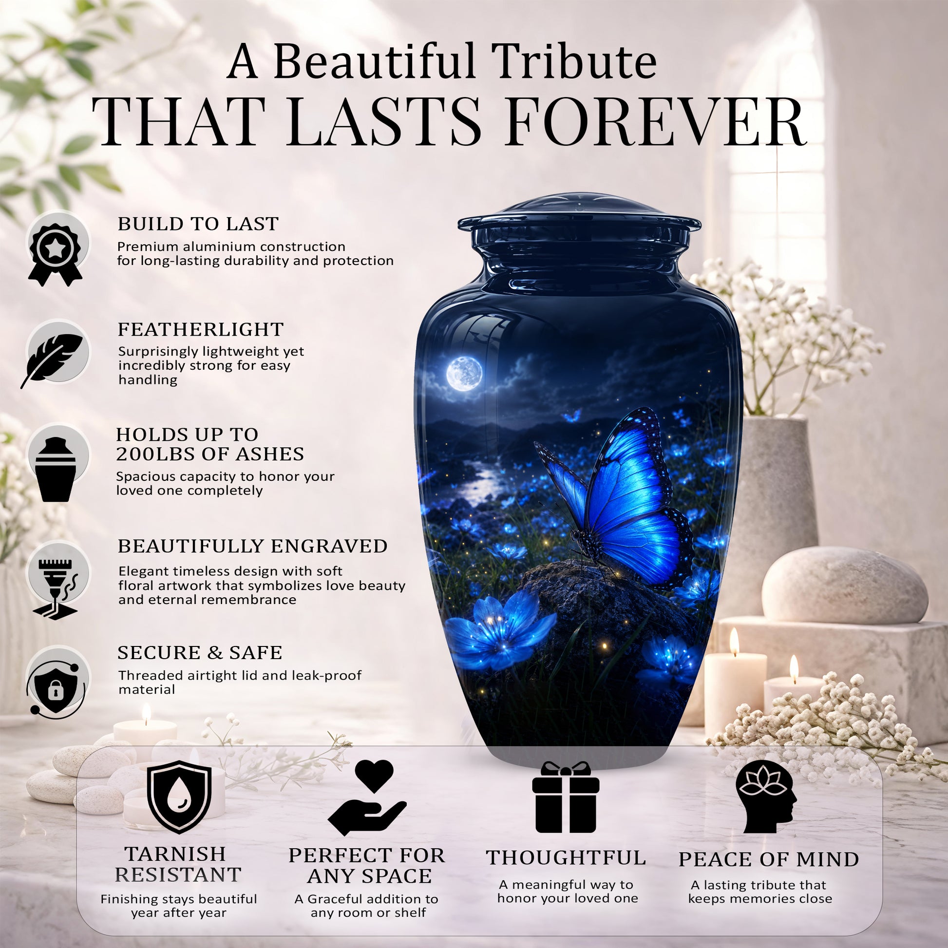 Personalized Blue Butterfly Cremation Urn - Handcrafted Urns For Women