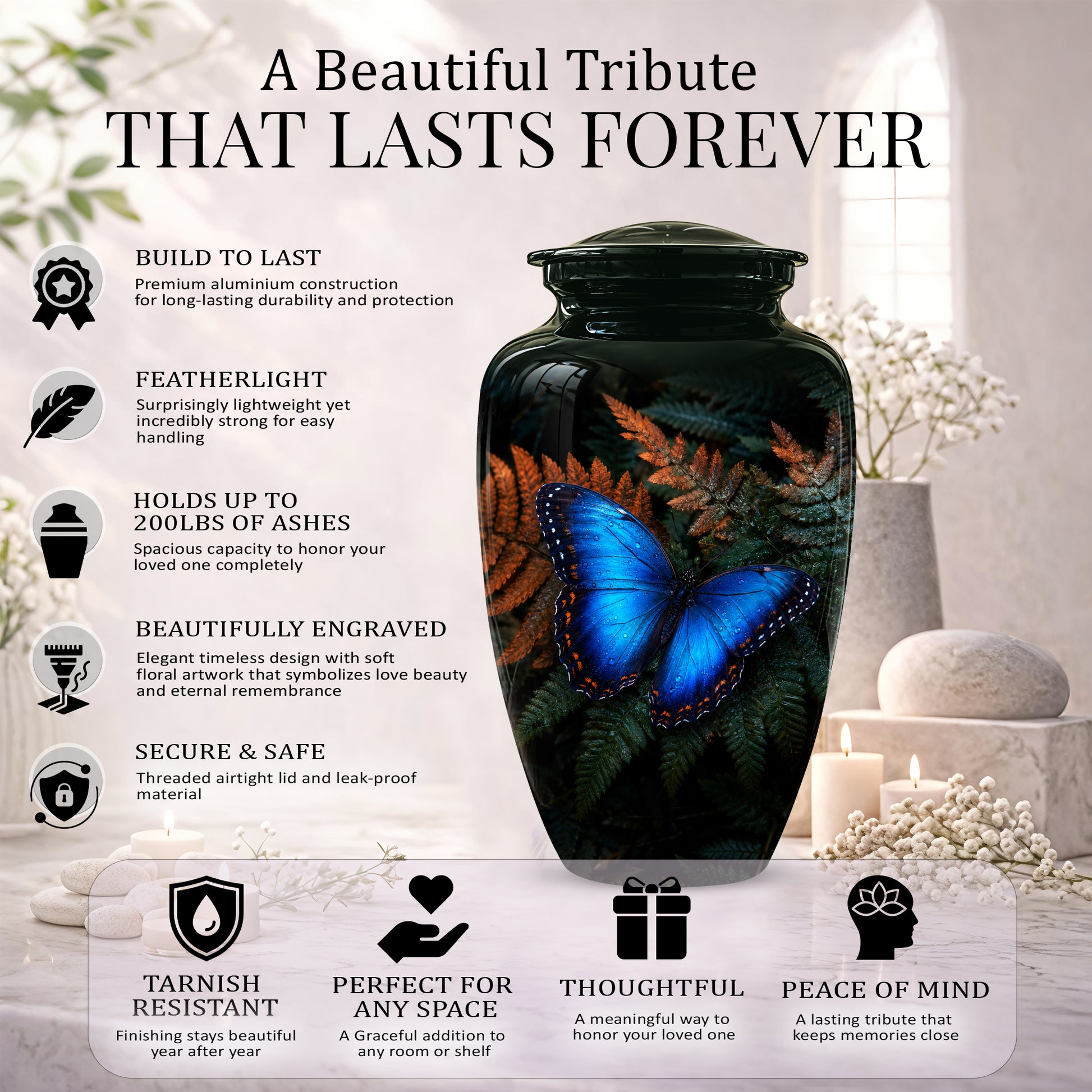 Blue Butterfly Cremation Urns - Black Memorial Urns For Women Ashes