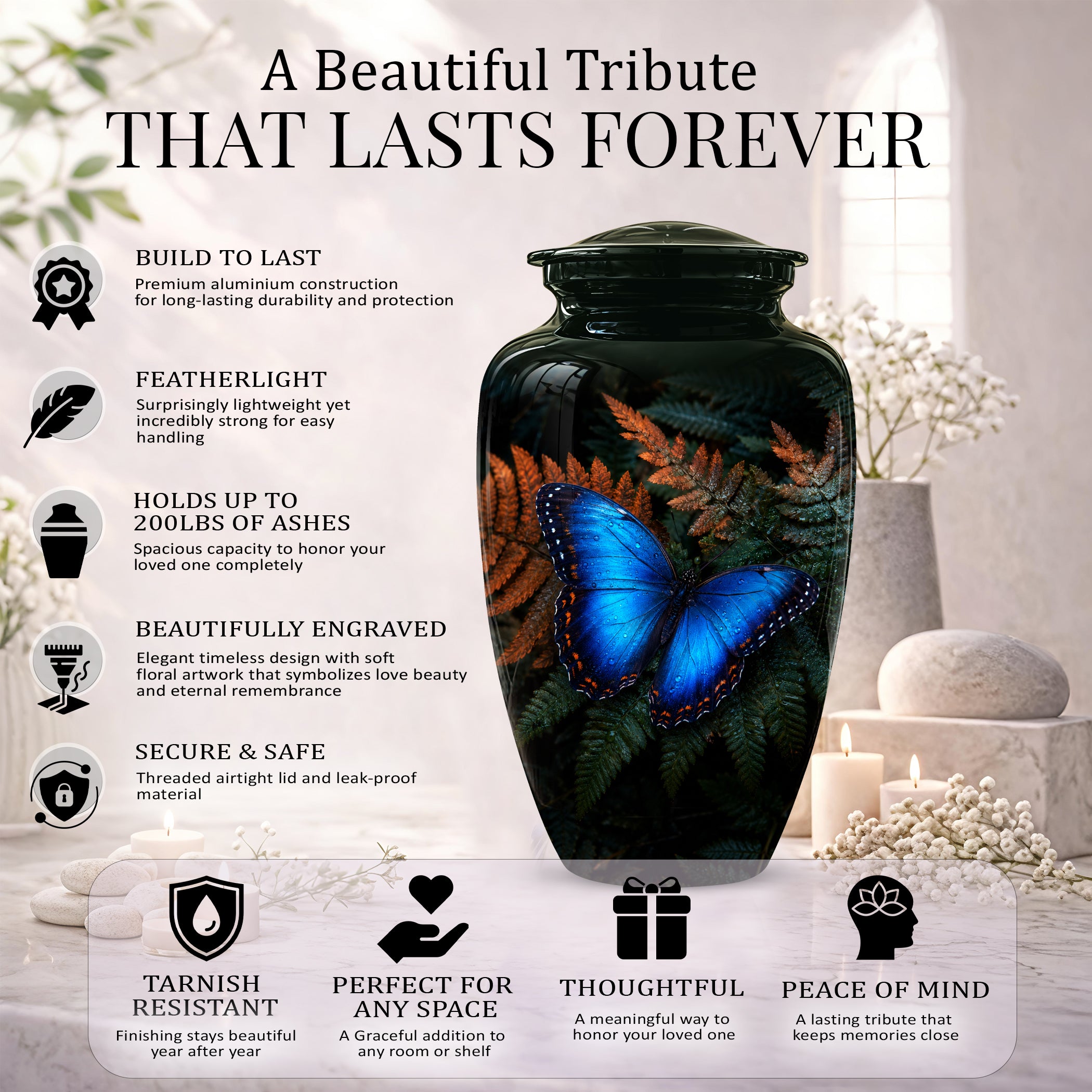 Blue Butterfly Cremation Urns - Black Memorial Urns For Women Ashes
