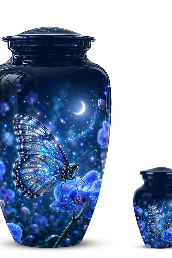 Blue Butterfly On Flower -Starry Night Burial Urns For Human Ashes