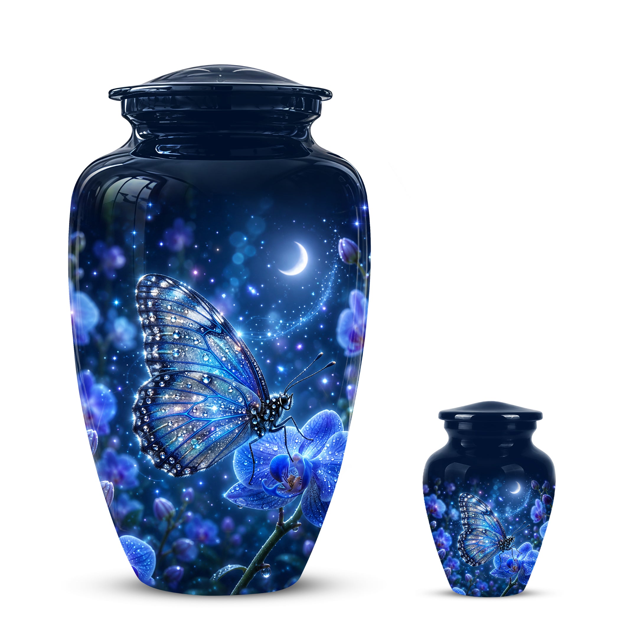 Blue Butterfly On Flower -Starry Night Burial Urns For Human Ashes