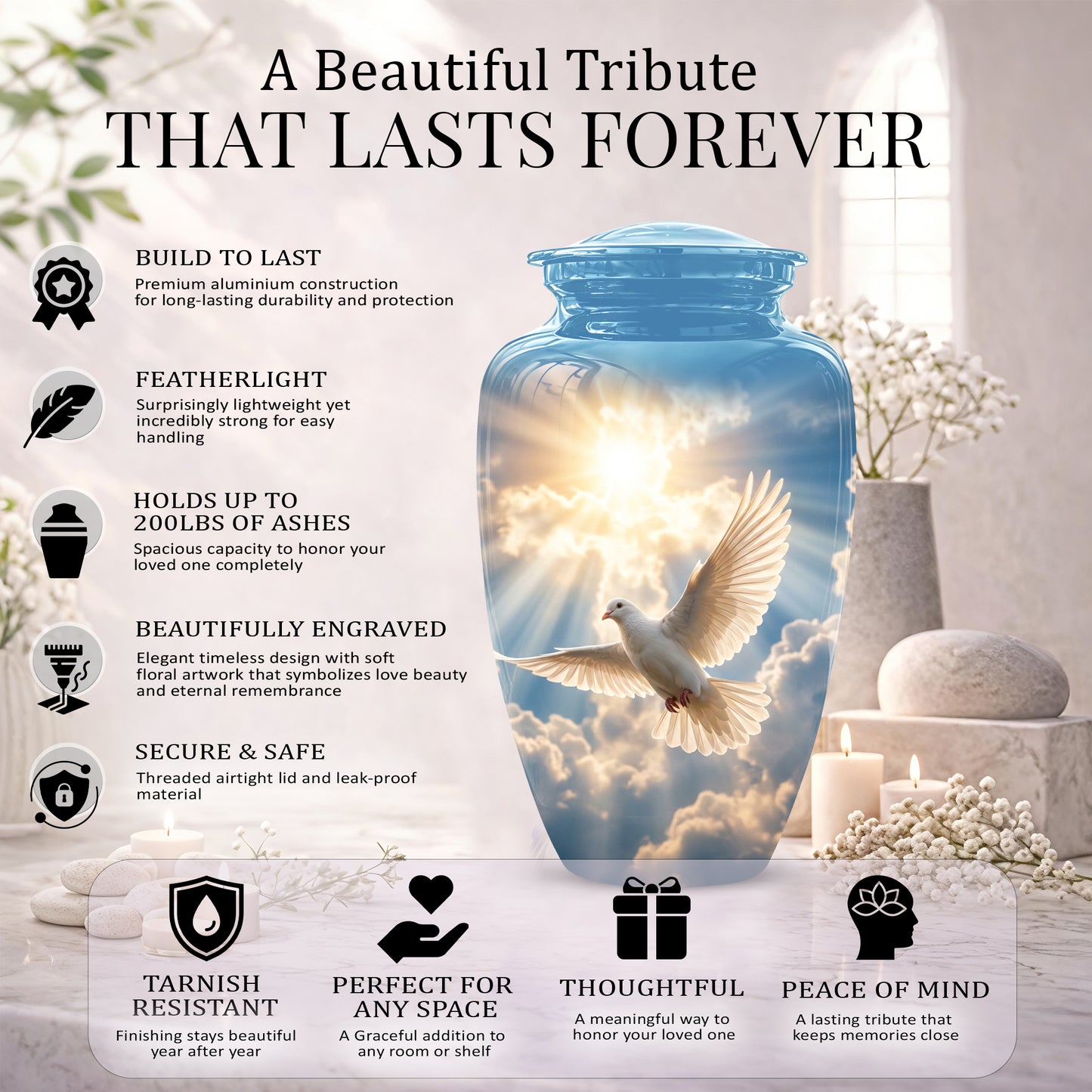 White Dove Bird Themed Urn - Custom Handcrafted Memorial Urns For Ashes
