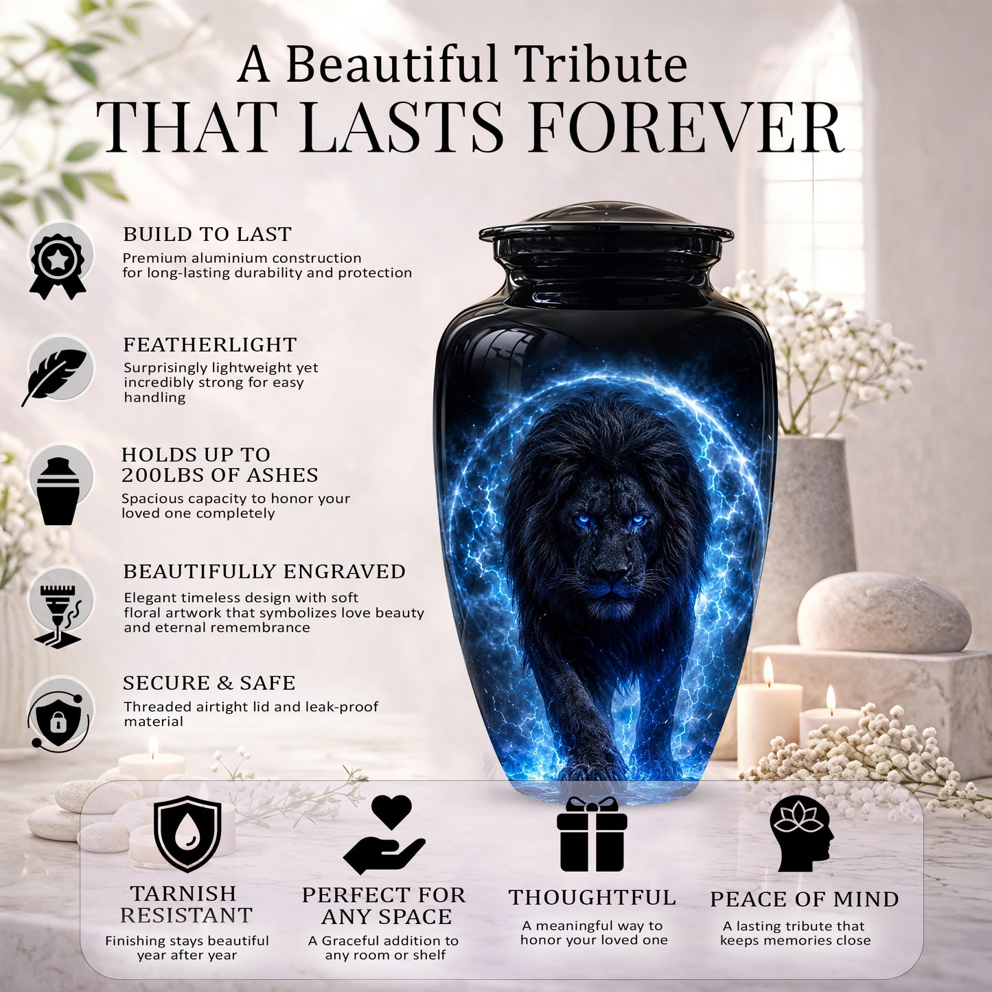 Black Lion Cremation Urns - Personalized Memorial Urns For Human Ashes