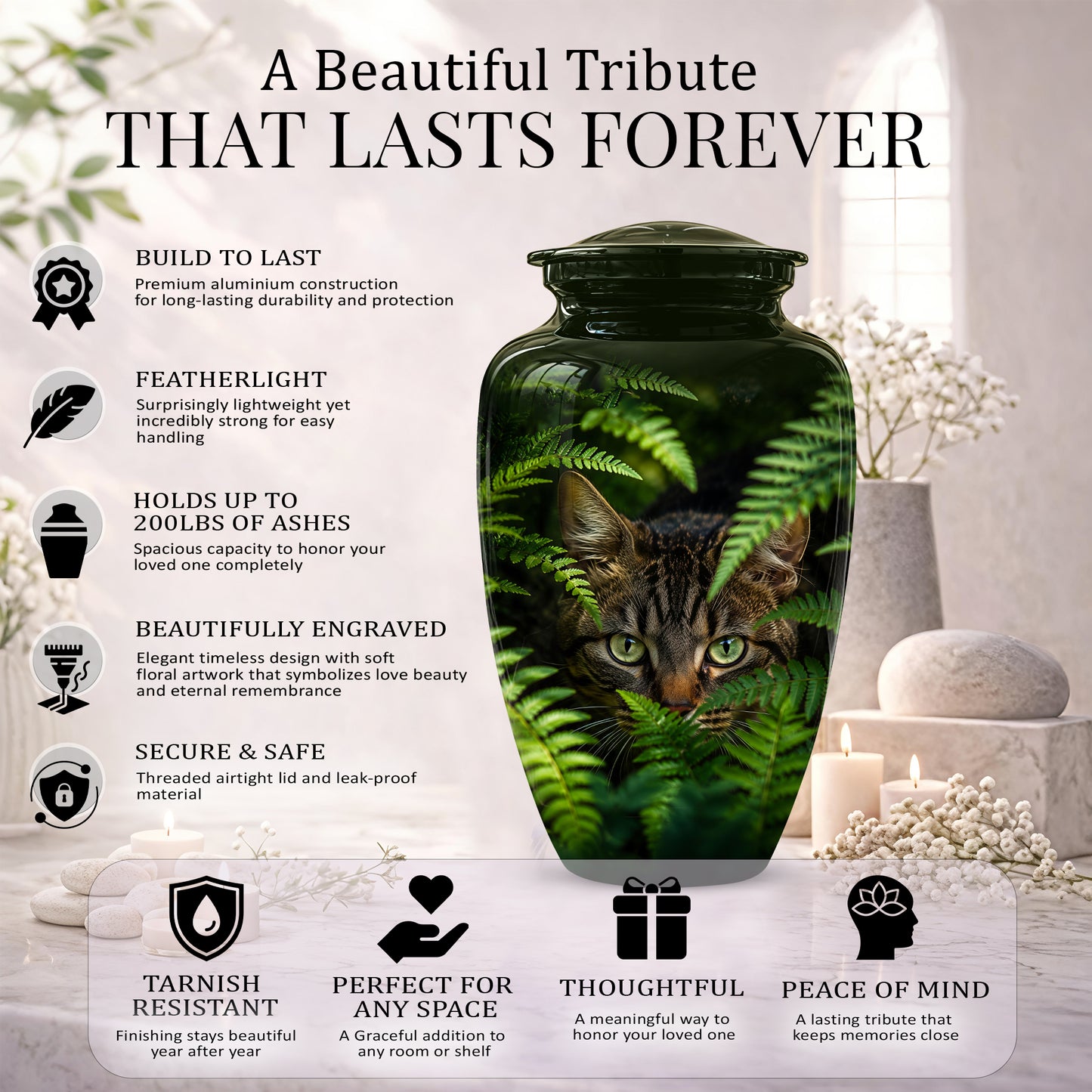Cat Cremation Urns For Ashes - Personalized Black Pet Burial Urns