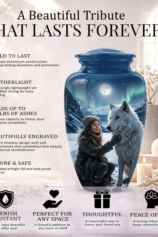 Snowy Moonlit White Wolf Urn for Ashes | Custom Memorial Urn