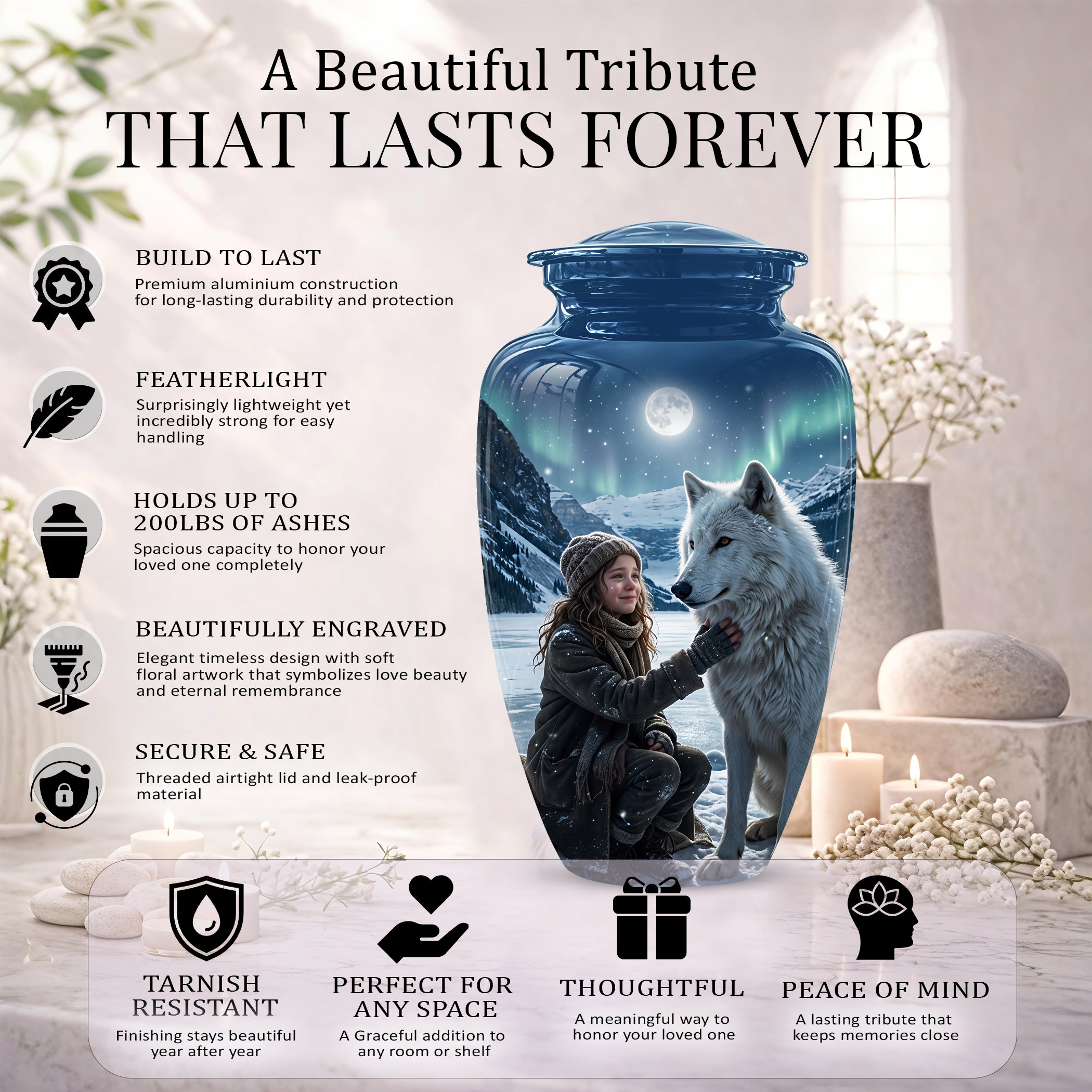 Snowy Moonlit White Wolf Urn for Ashes | Custom Memorial Urn