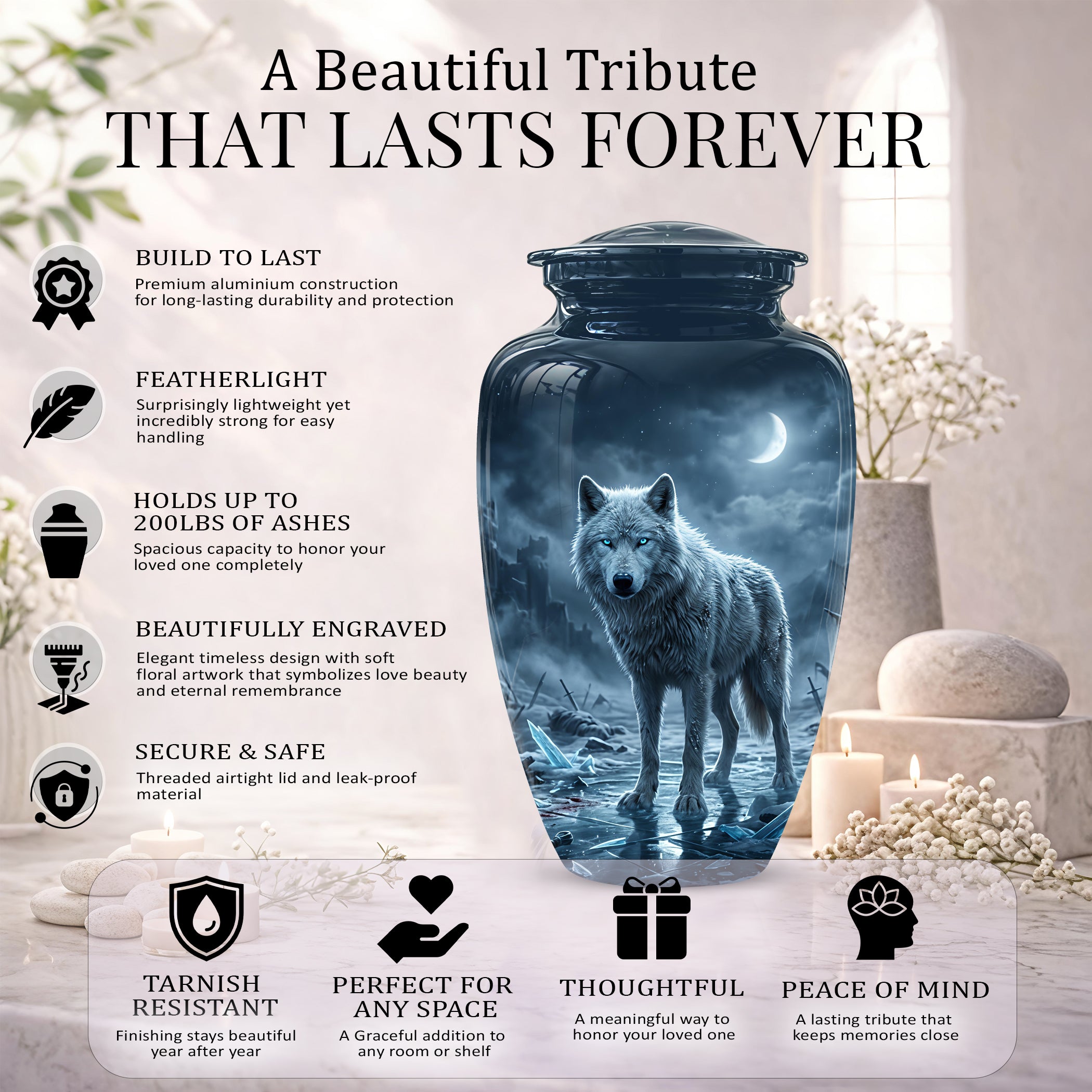 Moonlight White Wolf Urn for Human Ashes - Urns For Men & Women Ashes
