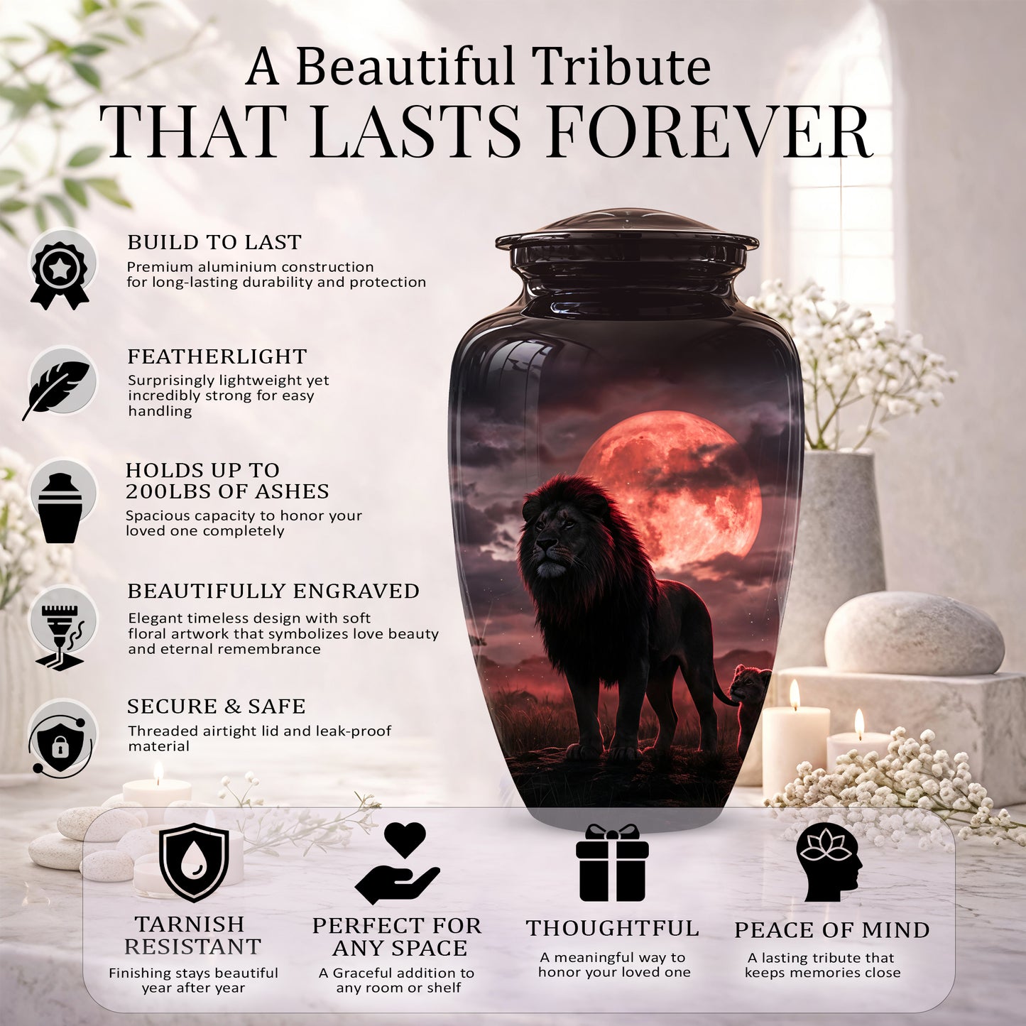 Lion Themed Cremation Urns - Blood Moon Scenic Urns For Loved Ones