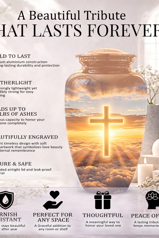Christian Cross in Sky Cremation Urn - Beautiful Artistic Burial Urns For Ashes