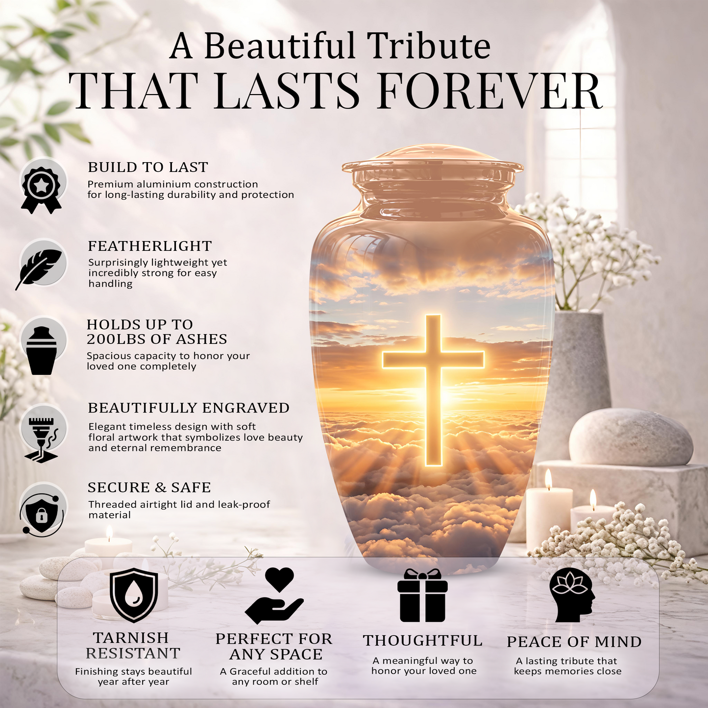 Christian Cross in Sky Cremation Urn - Beautiful Artistic Burial Urns For Ashes