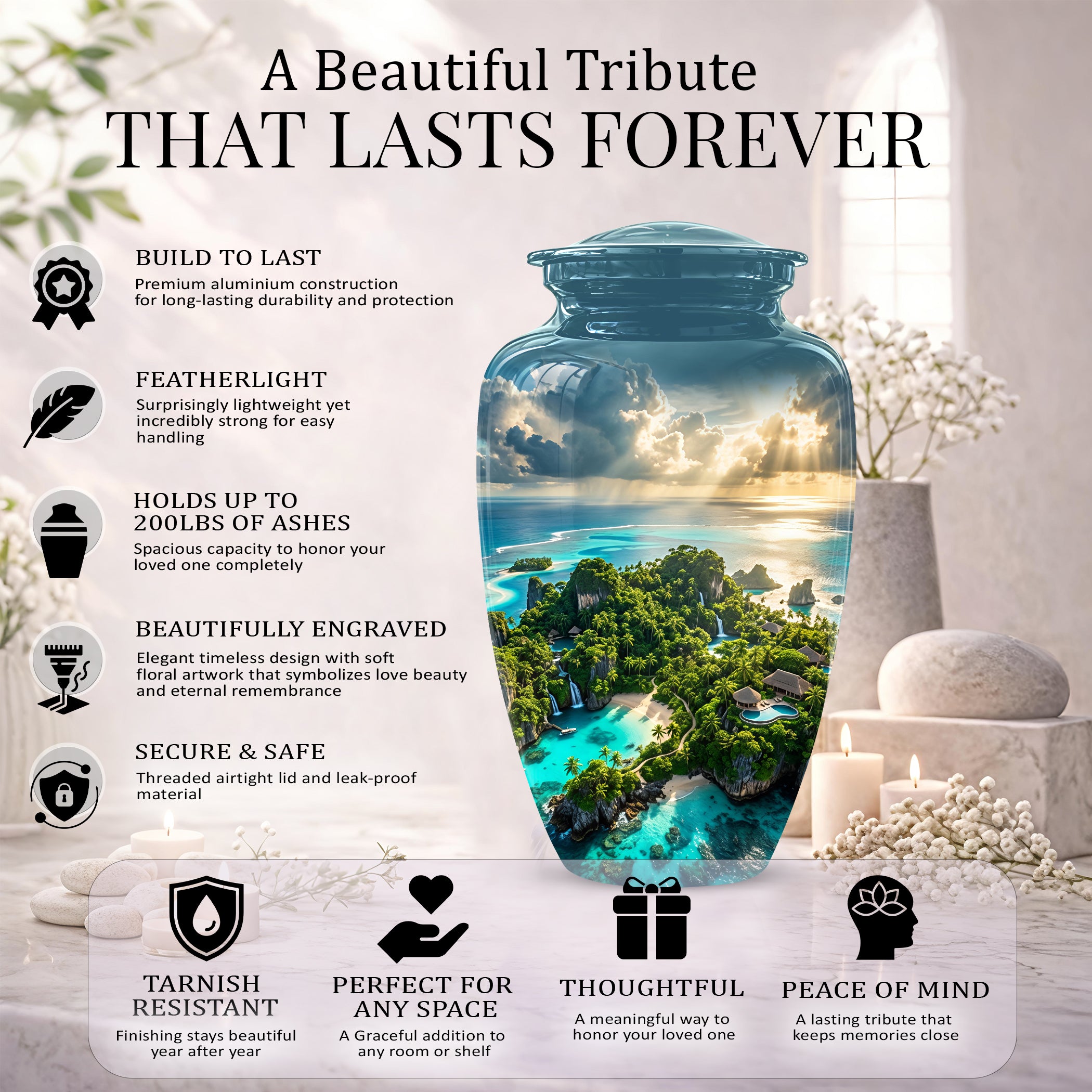 Beach Island Cremation Urn For Human Ashes - Adult Size Memorial Urns