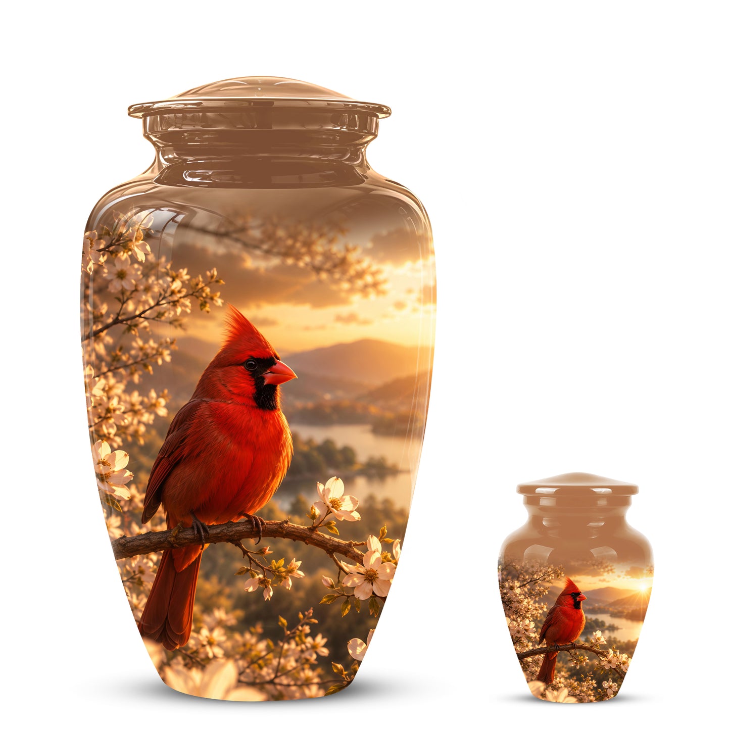 Red Cardinal Bird - Beautiful Sunset Scenic Burial Urns For  Ashes