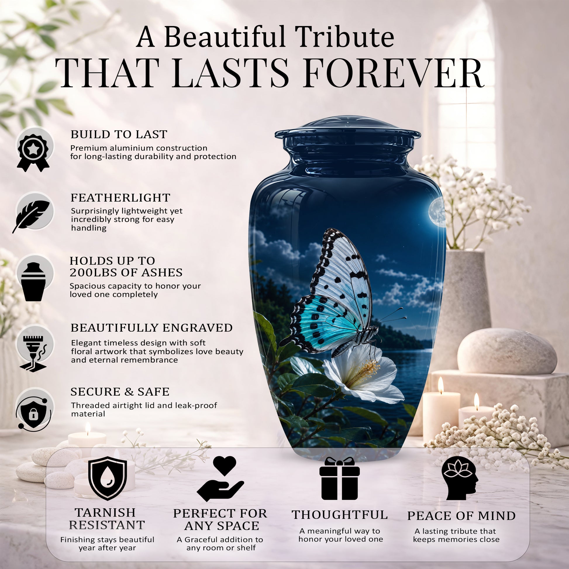 Colorful Butterfly On Flower Urn For Mom - Moonlight Memorial Urns