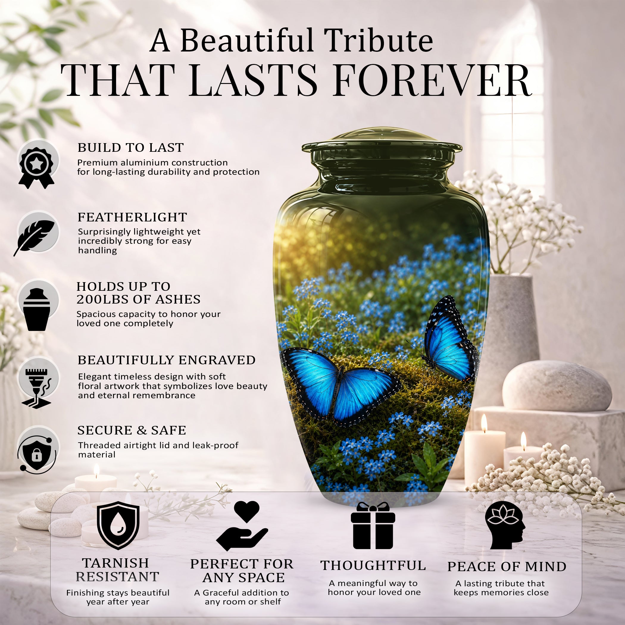 Handcrafted Blue Butterfly Memorial Urn - Elegant Funeral Urns For Mom