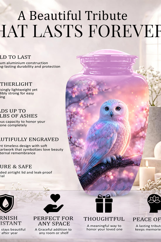 White Owl Cremation Urn - Beautiful Pink Memorial Urns For Human Ashes