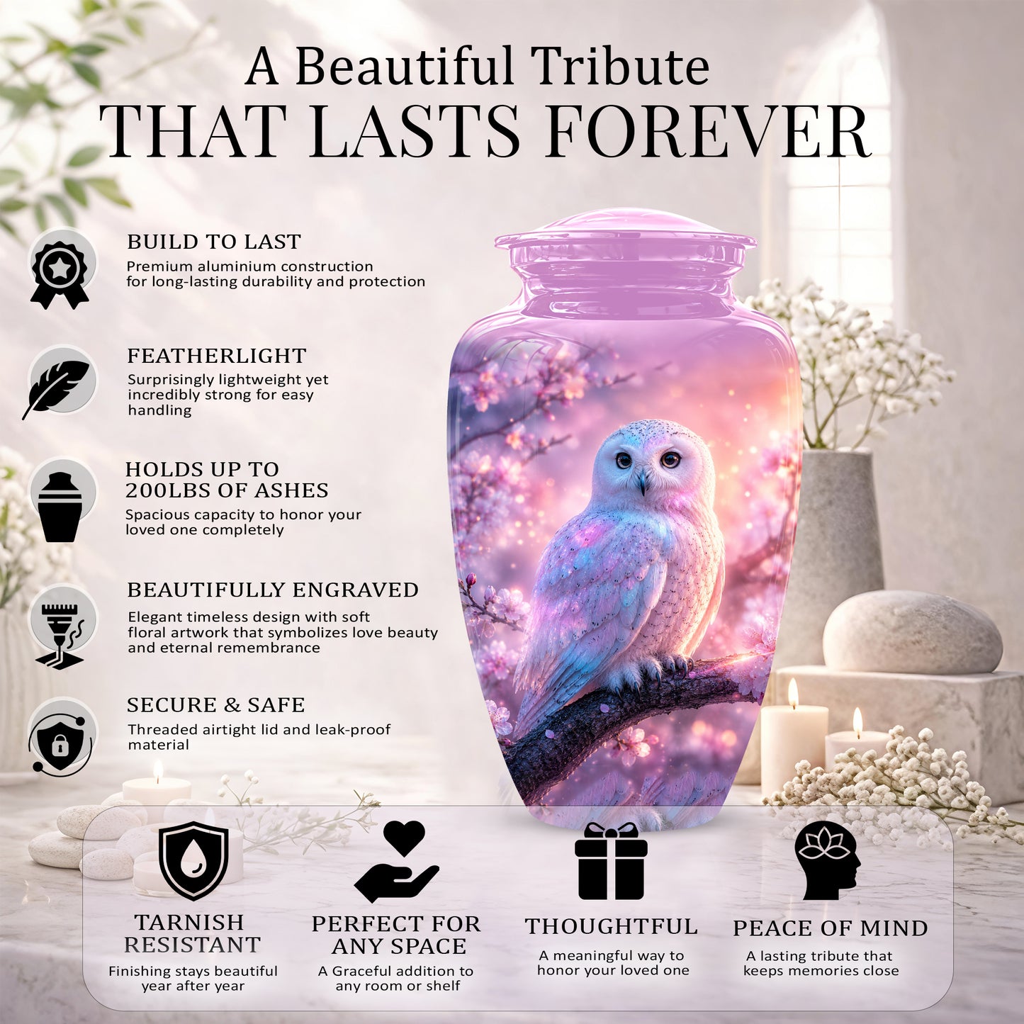 White Owl Cremation Urn - Beautiful Pink Memorial Urns For Human Ashes