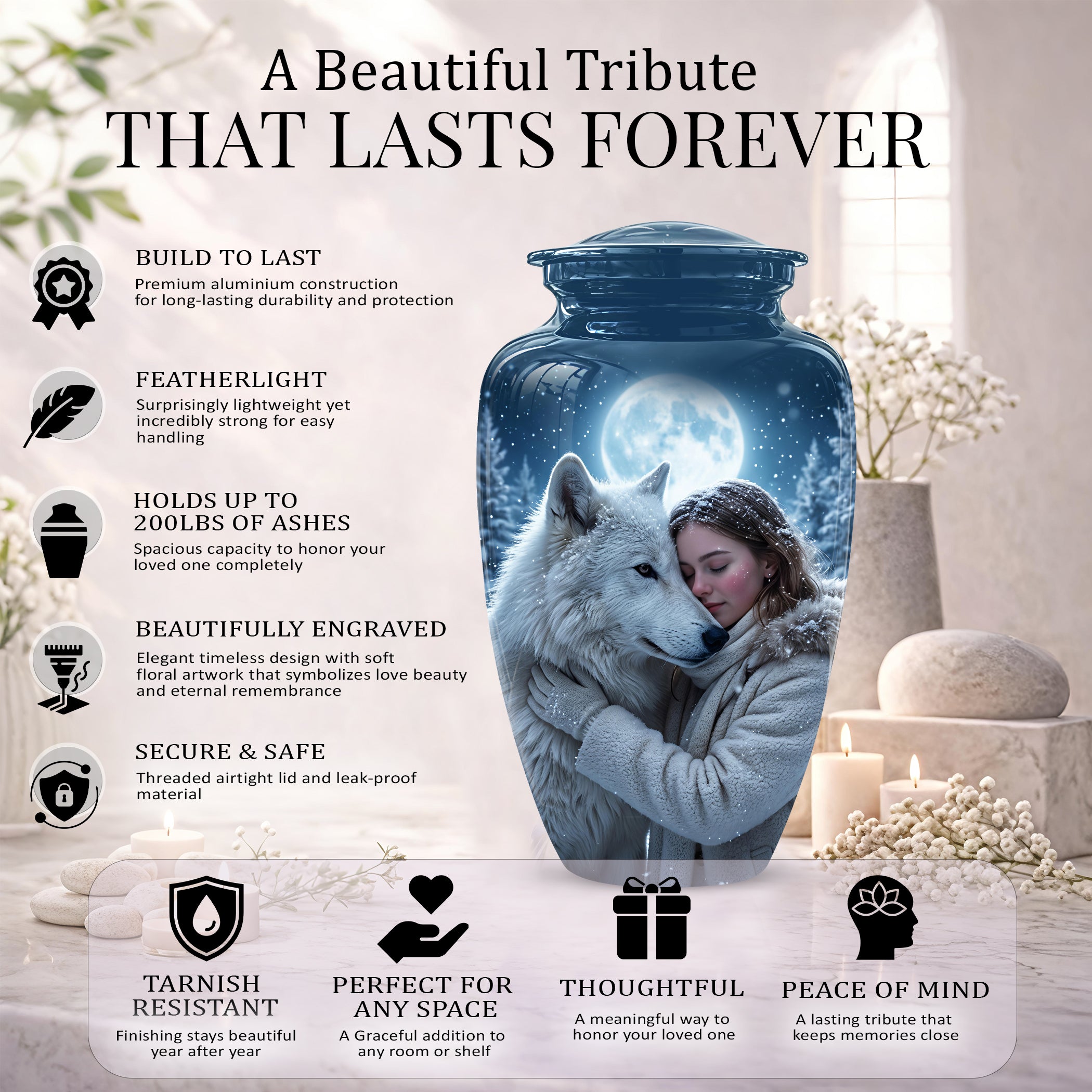 Moonlit White Wolf Cremation Urn for Ashes | Personalized Memorial