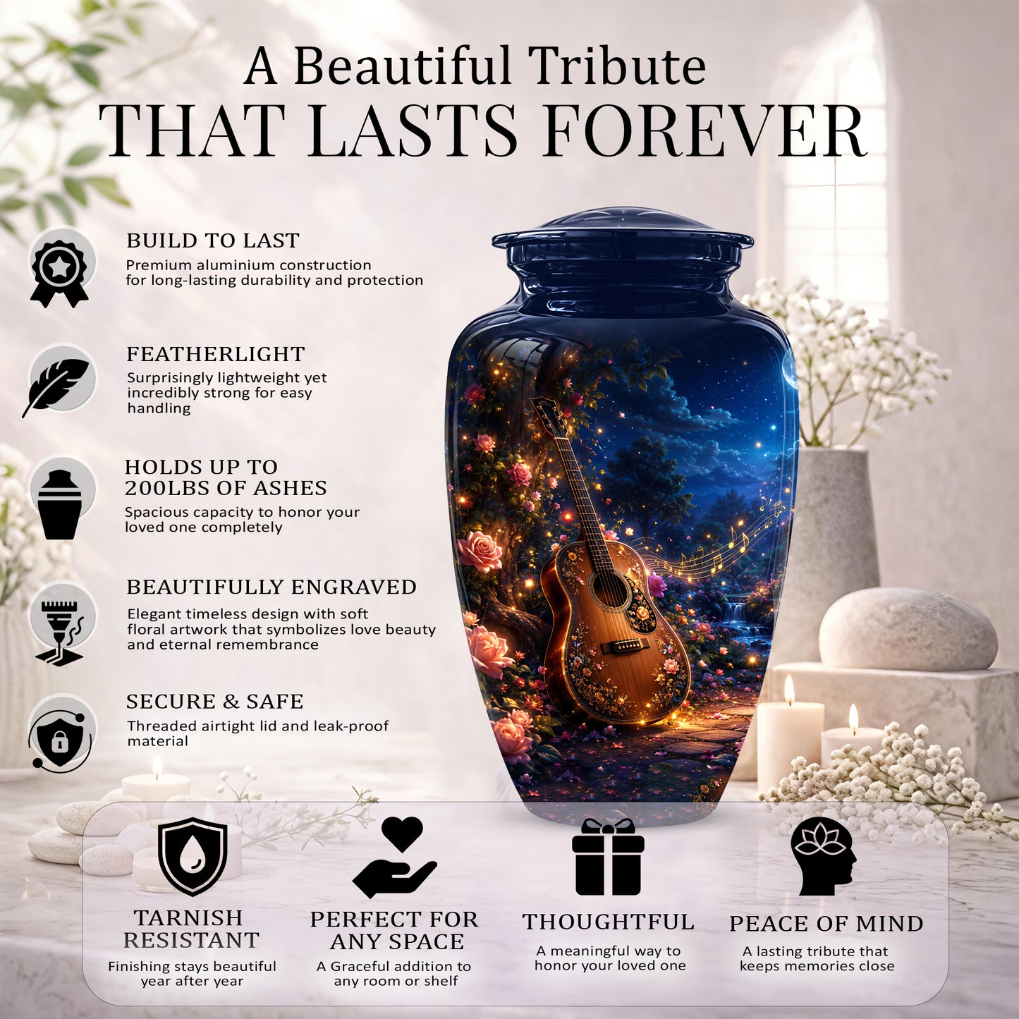 Acoustic Guitar & Starry Night Urn - Custom Funeral Urns For Musicians